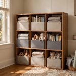 Space saving fabric storage cubes for Midwest homes arranged in a tidy living room