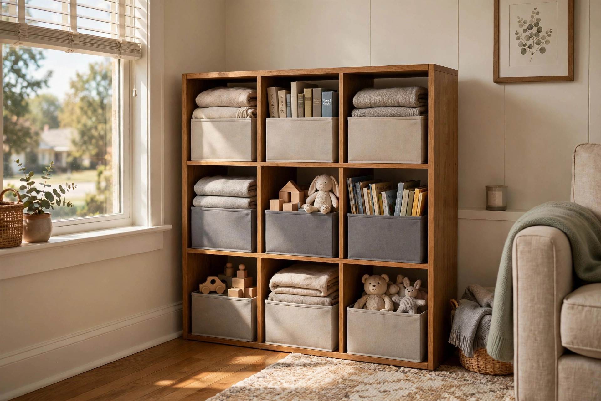Space saving fabric storage cubes for Midwest homes arranged in a tidy living room