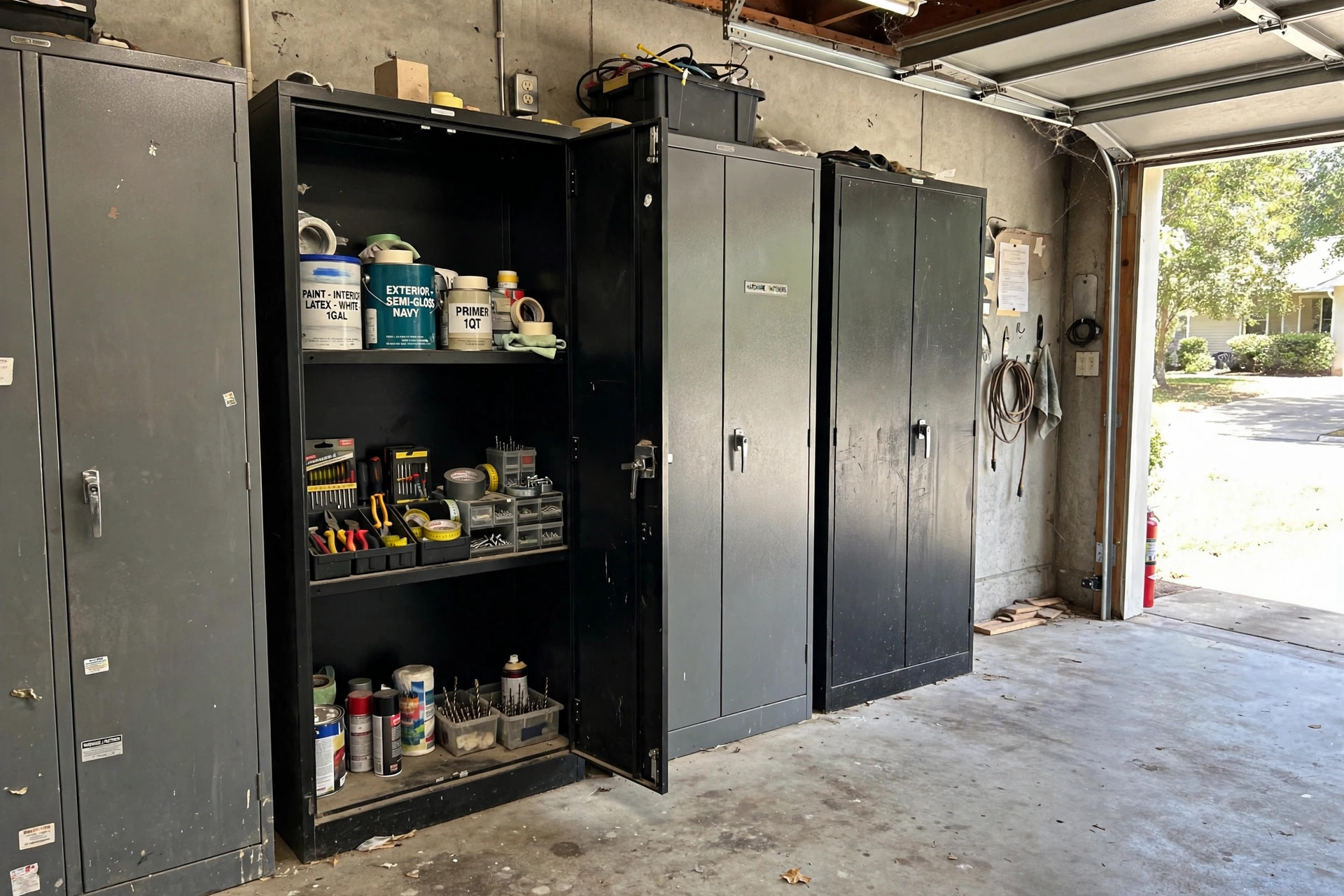 Garage storage cabinets price comparison usa buyer guide with tall cabinets in a tidy garage