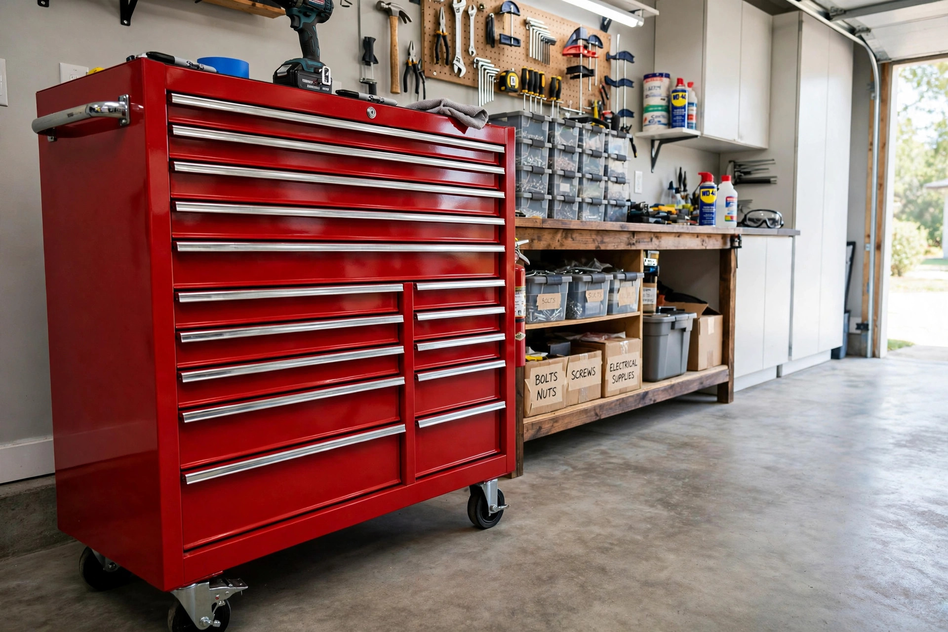 where to buy workshop tool chests in florida: Red workshop tool chest with drawers in a clean Florida garage