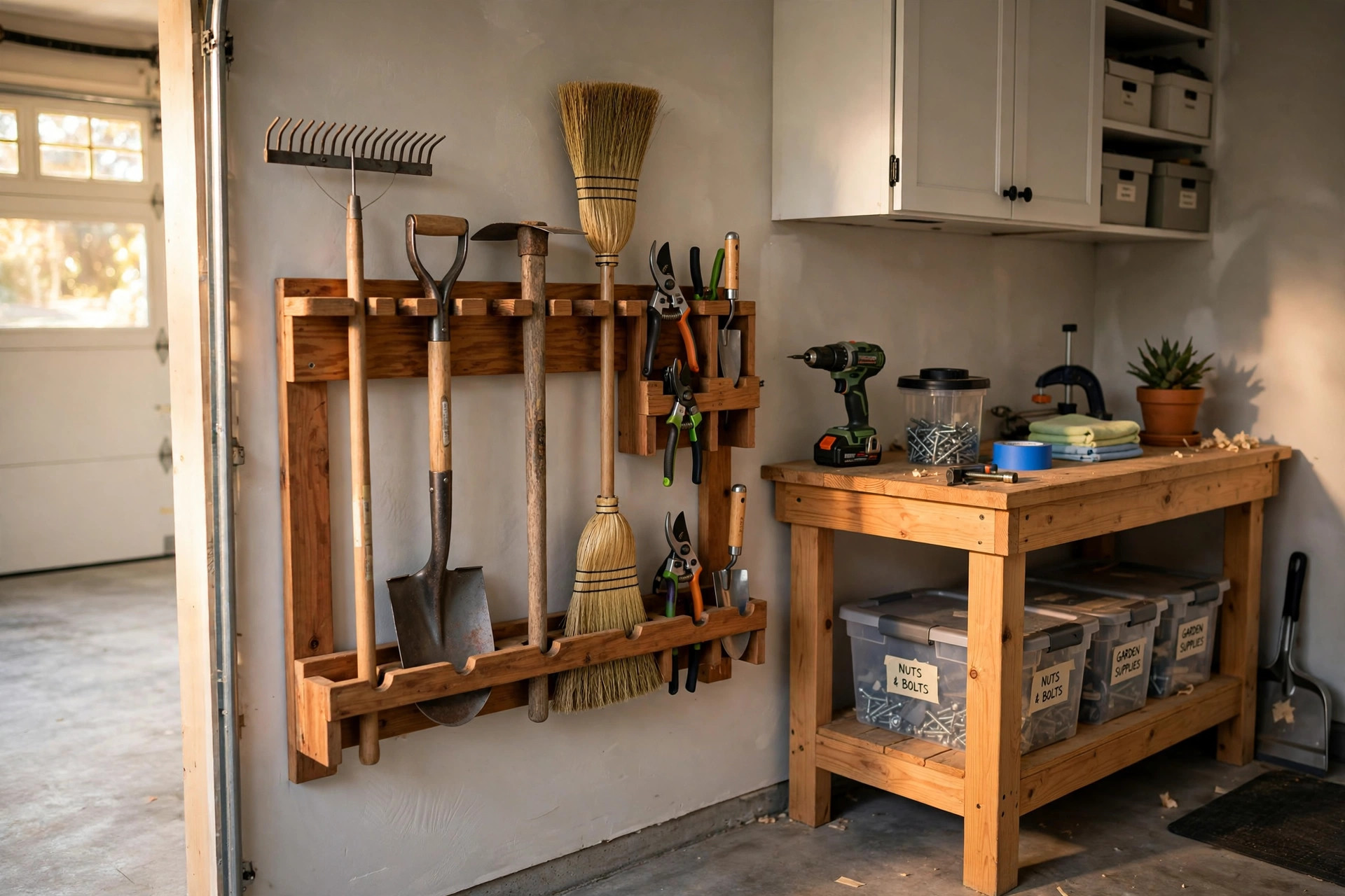 Affordable garden tool organizers for sale holding rakes and shovels on a garage wall