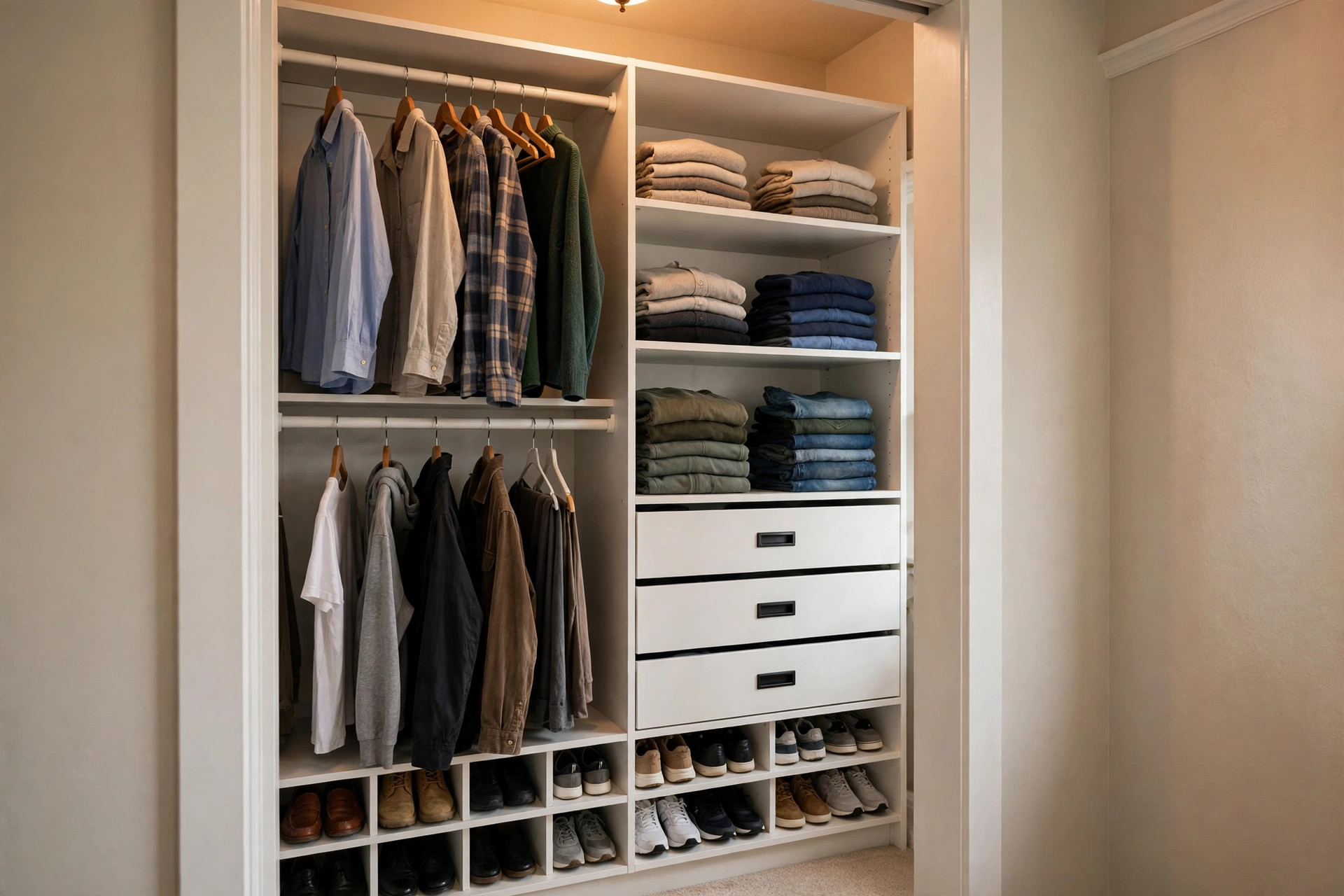 closet organizer systems reviews and buying guide: Tidy reach-in closet with closet organizer systems including double rods, shelves, and drawers