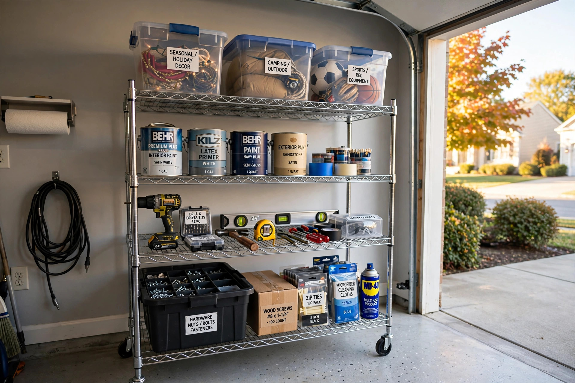 Buy heavy duty wire shelving online in California — chrome wire rack in a garage