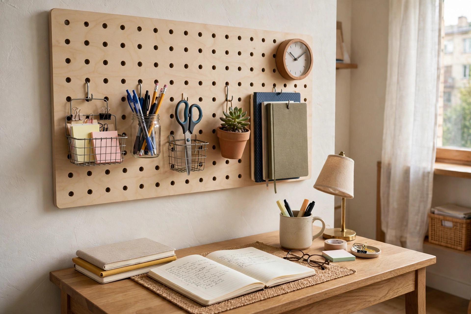 best pegboard wall organizers for small apartments: Pegboard wall organizer with hooks and small baskets in a tidy apartment home office