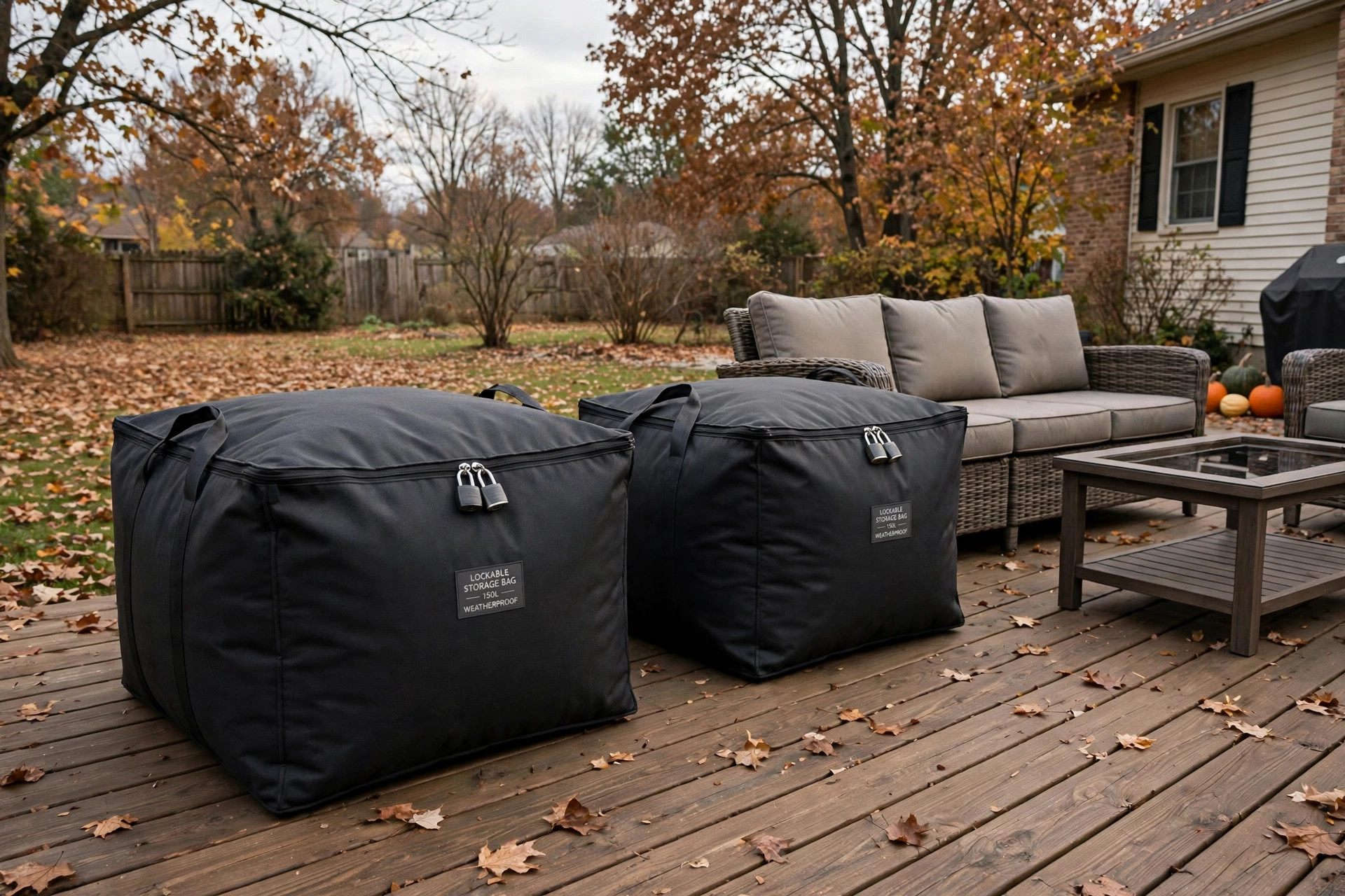Lockable patio cushion storage bags for midwest homes on a backyard deck