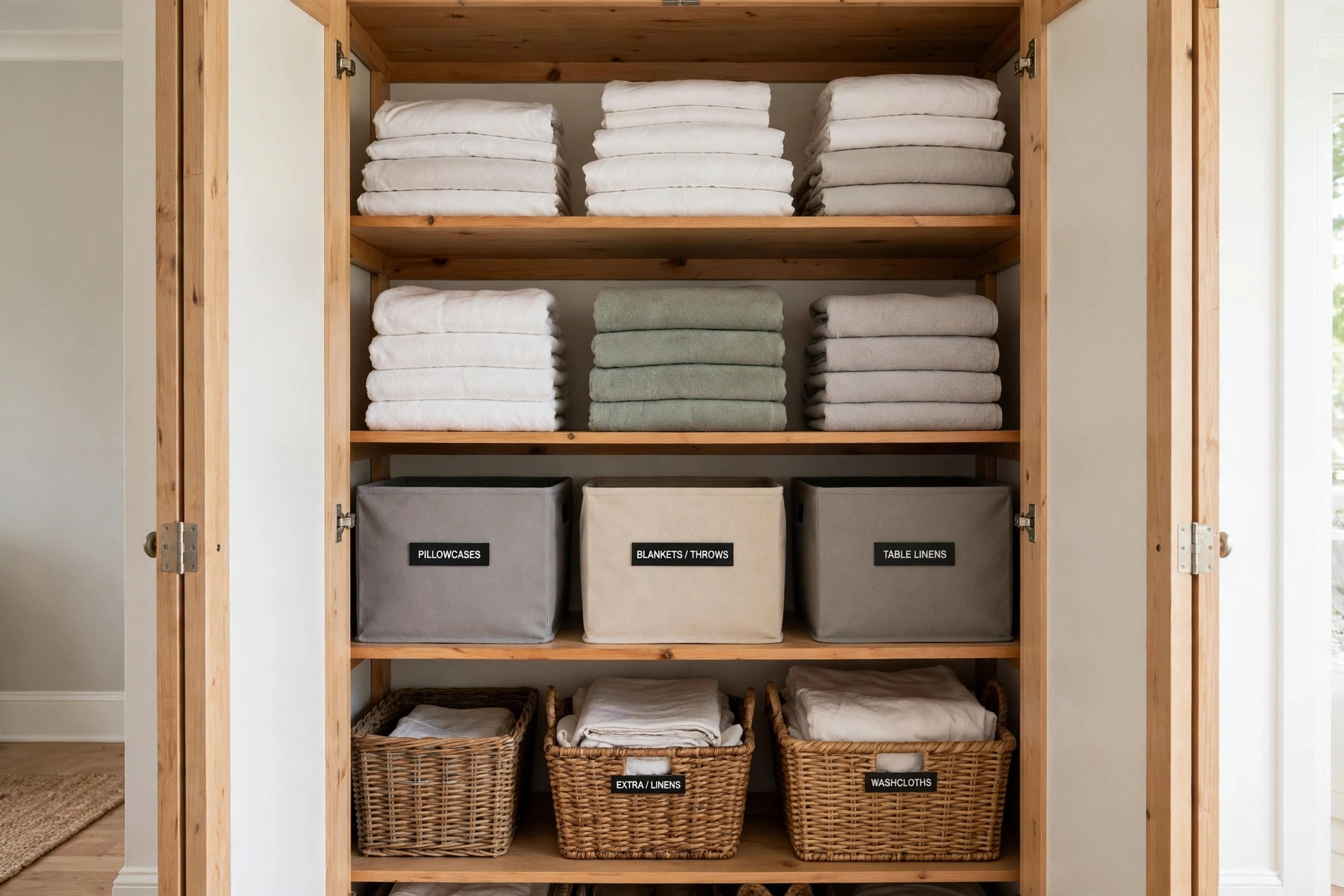 A neat linen closet with folded towels and sheets on organized shelves, where to buy linen closet organizers in california