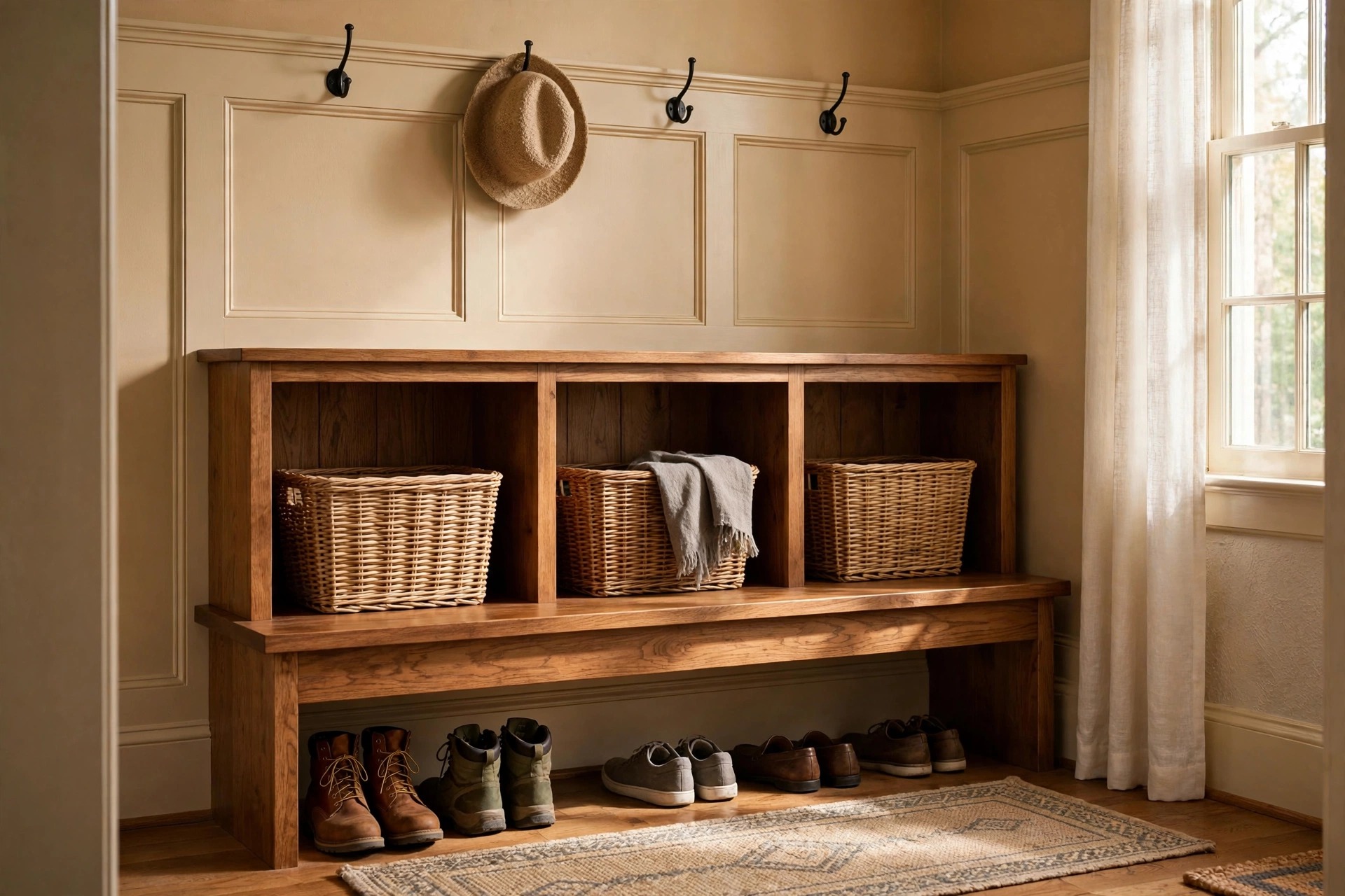 where to buy mudroom storage benches in texas: Mudroom storage bench in a Texas home entryway