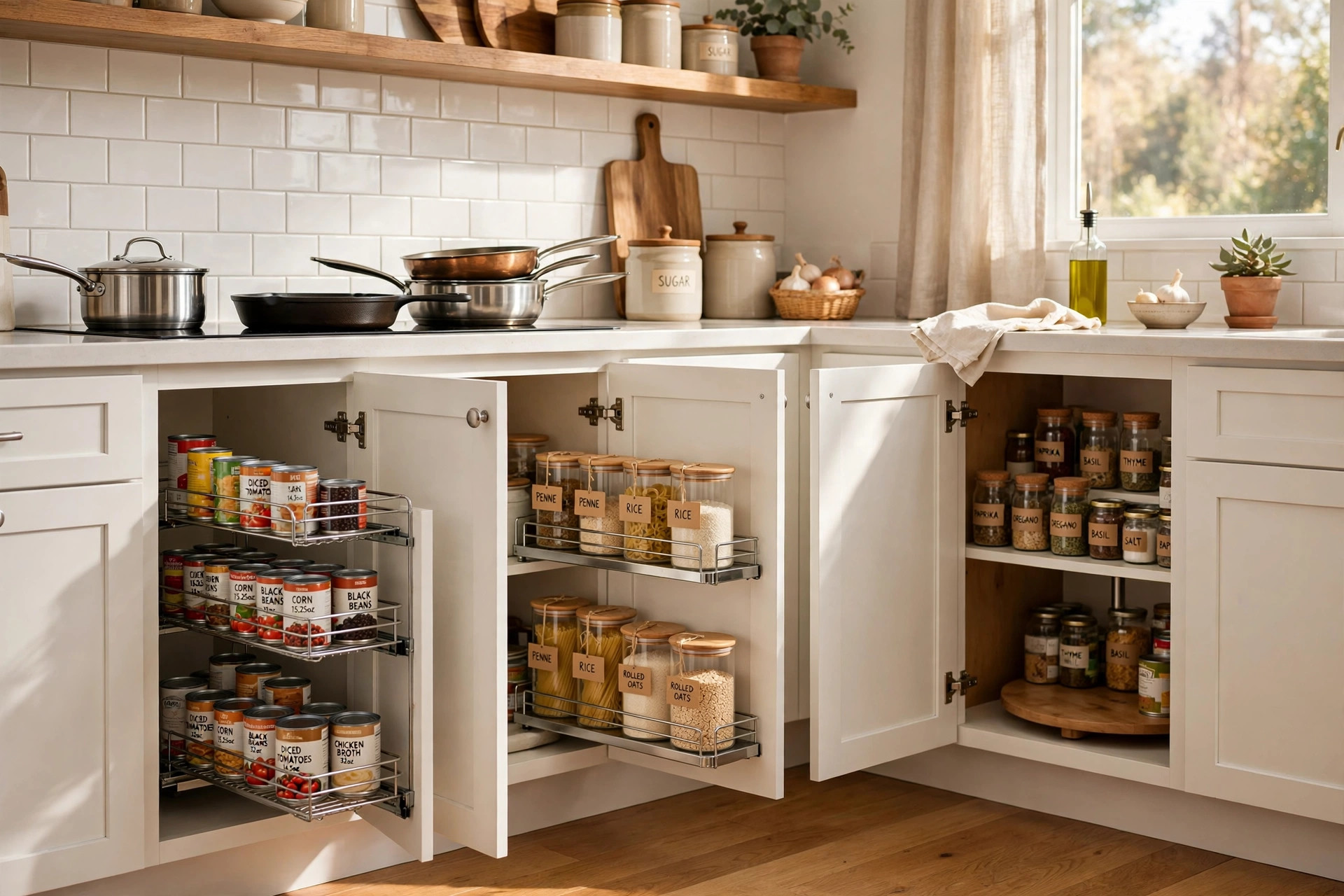 where to buy kitchen cabinet organizers in california: Tidy kitchen cabinets with organizers in a California home
