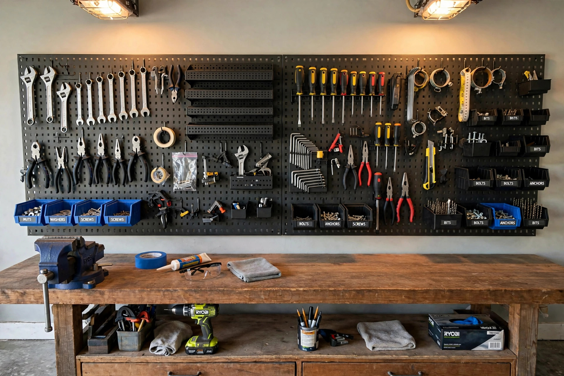 stackable pegboard wall organizers for sale: Stackable pegboard wall organizers holding tools in a tidy garage workshop