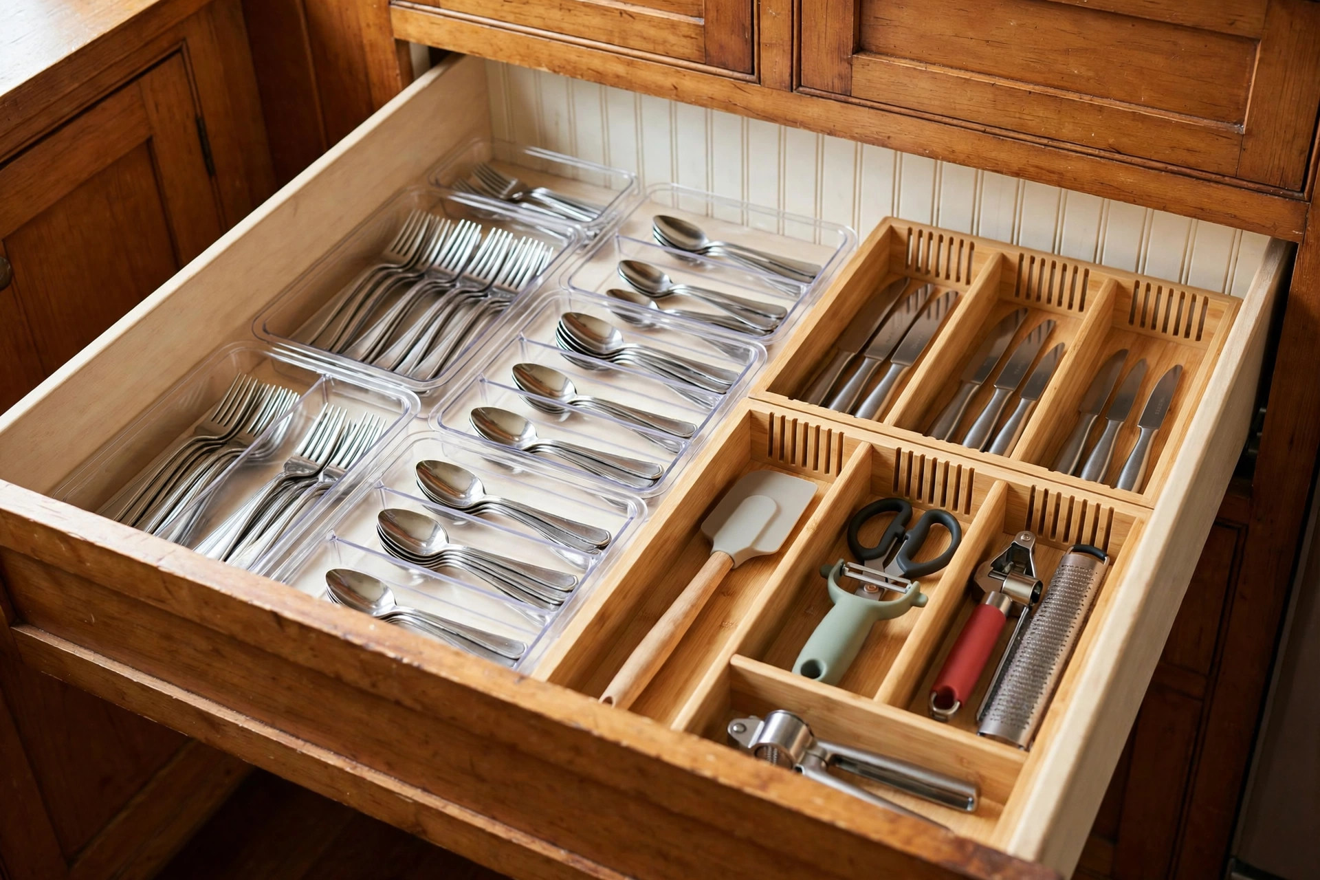 waterproof kitchen drawer organizers for new england homes: Waterproof kitchen drawer organizers holding utensils in a New England kitchen