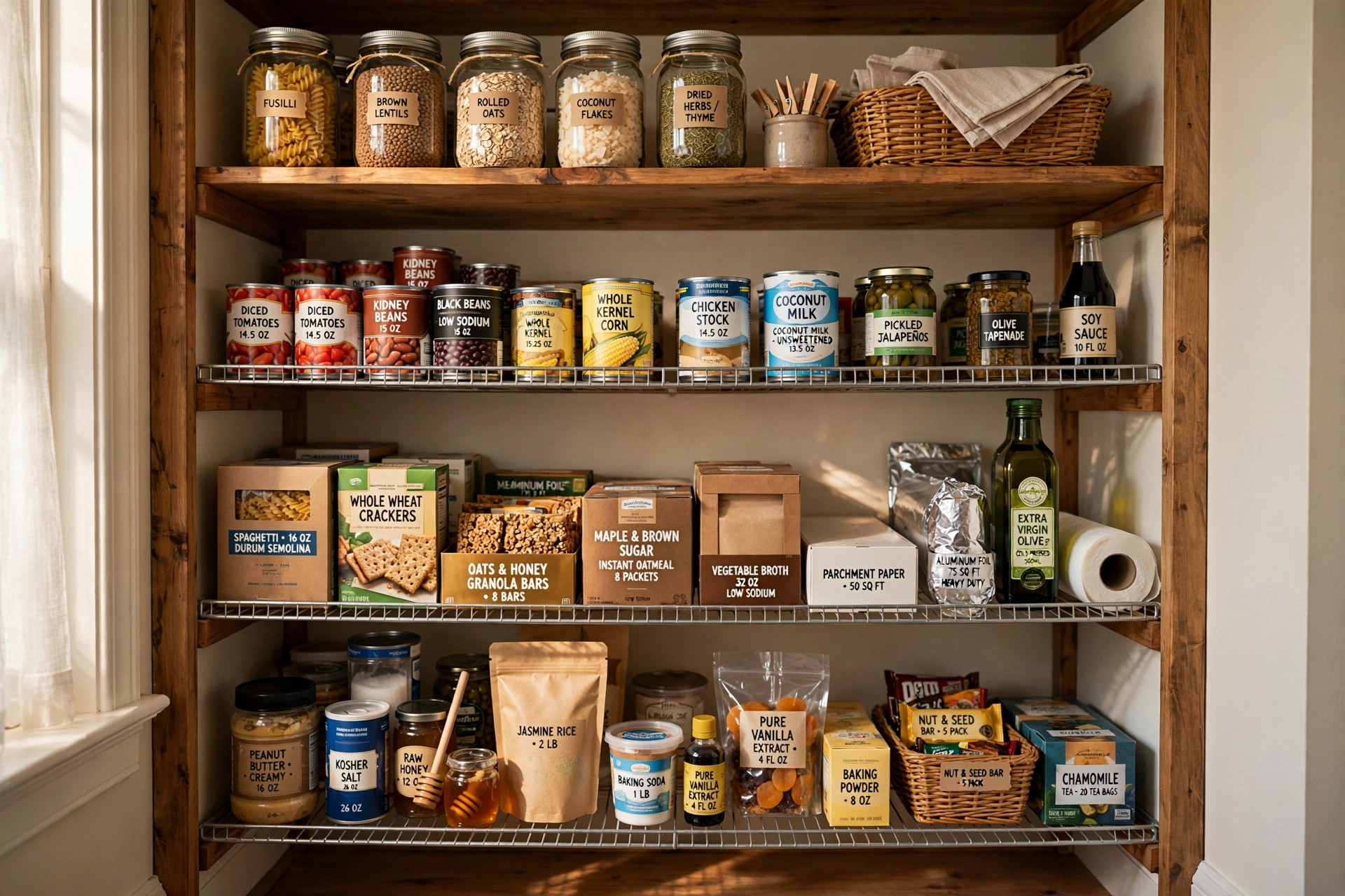 pantry shelving units price comparison usa: Pantry shelving units stocked with jars and cans in an American home pantry