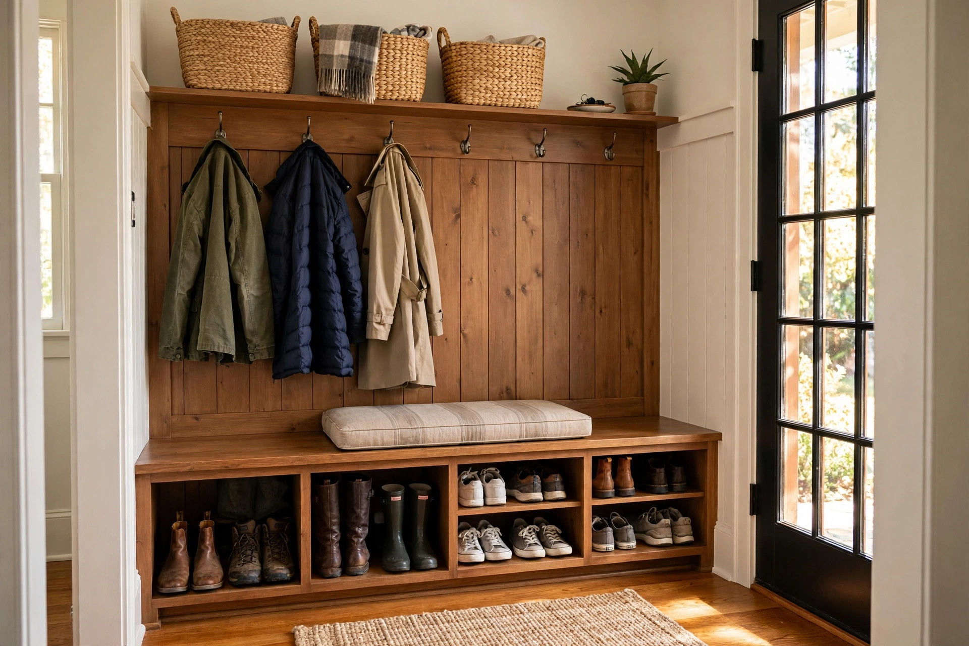 Wooden mudroom storage bench in a tidy American entryway for the space saving mudroom storage benches with free shipping guide