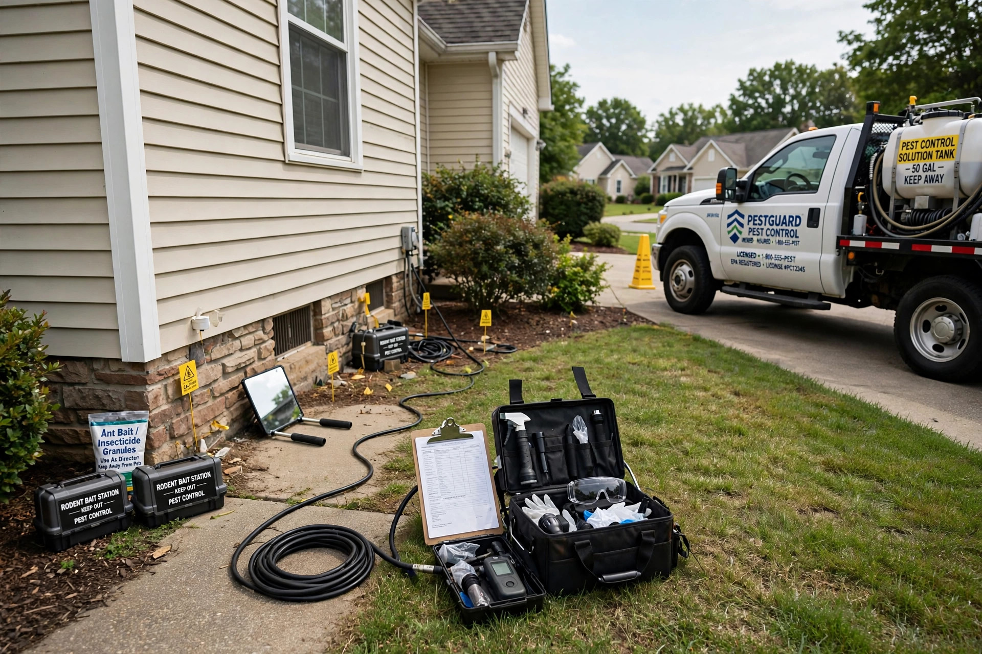best pest control service plans near me: Pest control service plans near me — technician inspecting the exterior of an American home