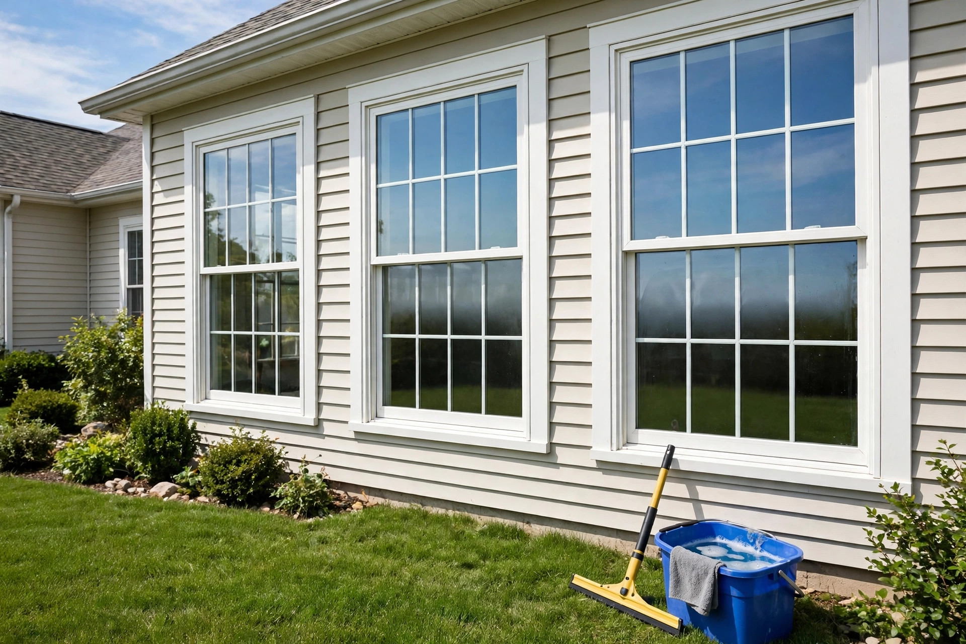 window cleaning service companies cost guide usa: Cleaned residential windows with clear glass panes