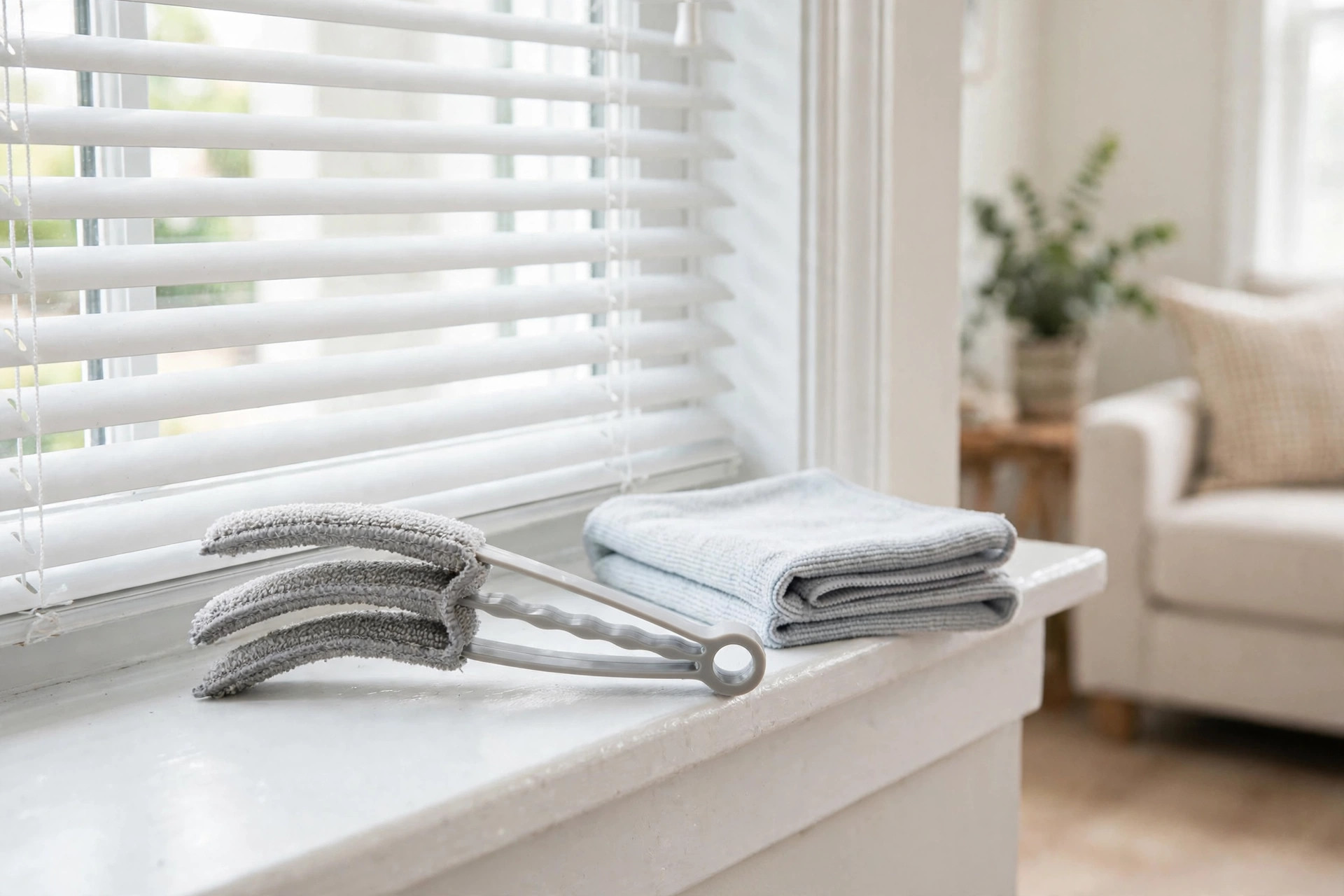 where to buy blind cleaning tools in texas: Blind cleaning brush and microfiber tools in front of venetian blinds