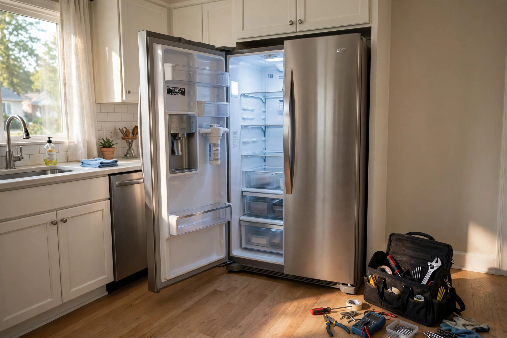 reliable same day appliance repair services near me: A repair technician's tool bag and a fixed refrigerator in an American kitchen