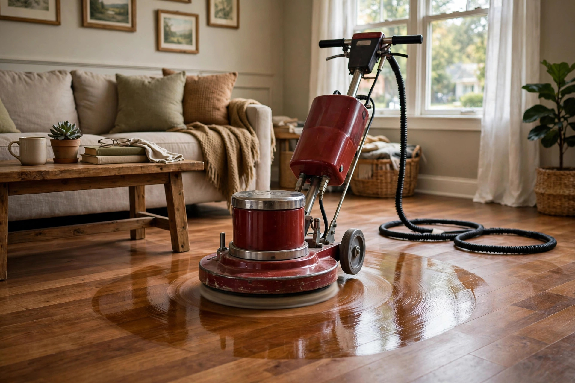 quiet hardwood floor buffers for sale: Quiet hardwood floor buffer polishing a hardwood floor in an American living room
