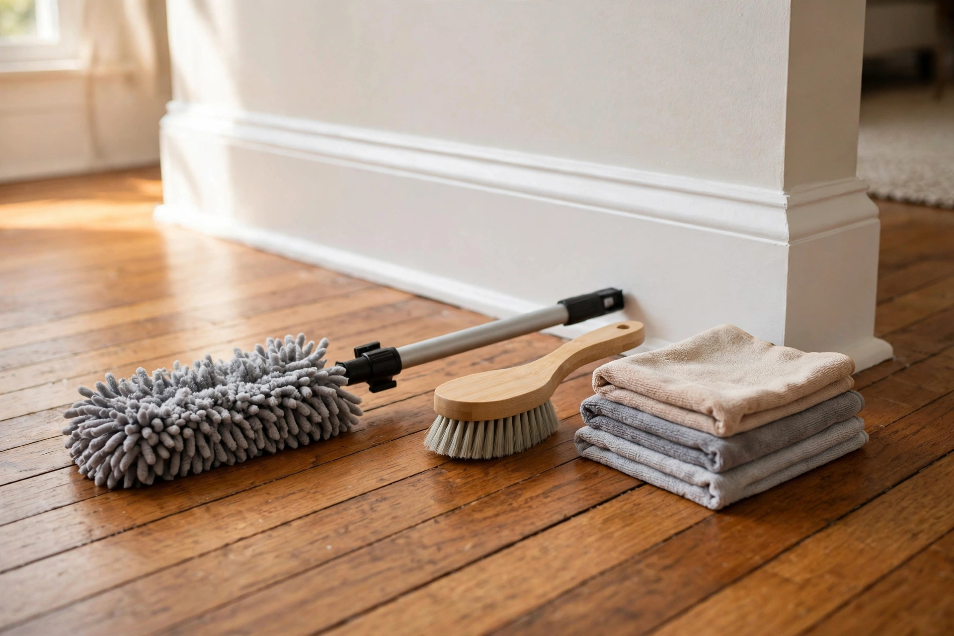 Baseboard cleaning tools price comparison usa: brushes, microfiber pads, and duster wands arranged beside a clean white baseboard