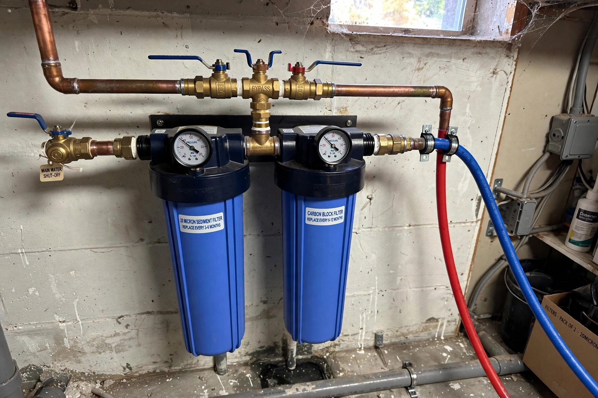whole house water filters reviews and buying guide: Whole house water filters installed in an American home