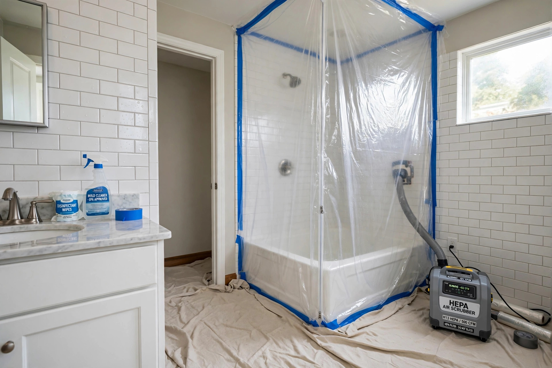 quiet mold remediation services near me: Technician in protective gear treating mold in a quiet home bathroom