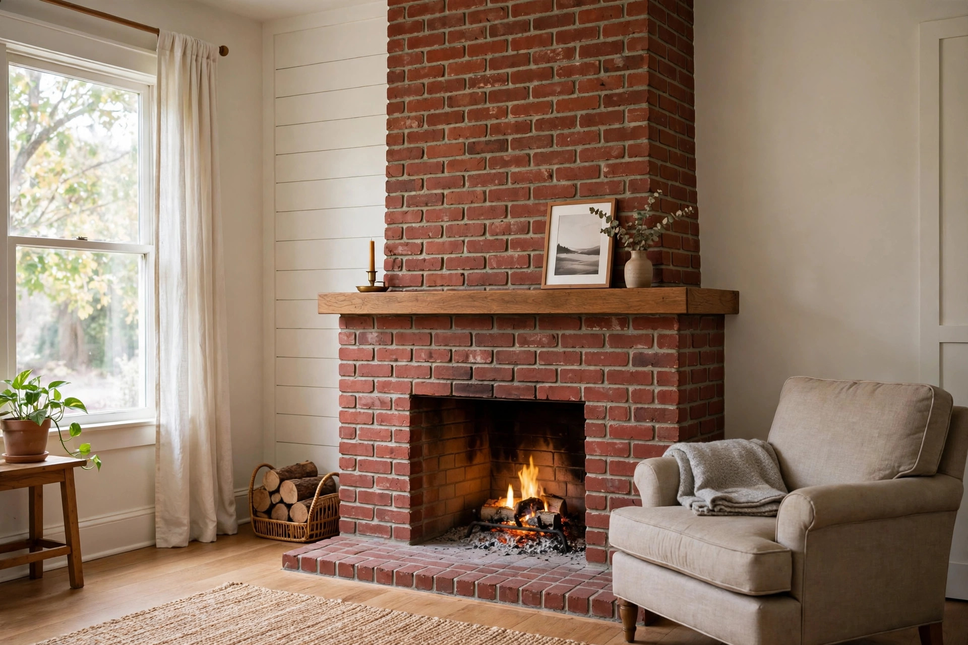 best chimney sweep services near me: A freshly swept brick fireplace and chimney in an American living room