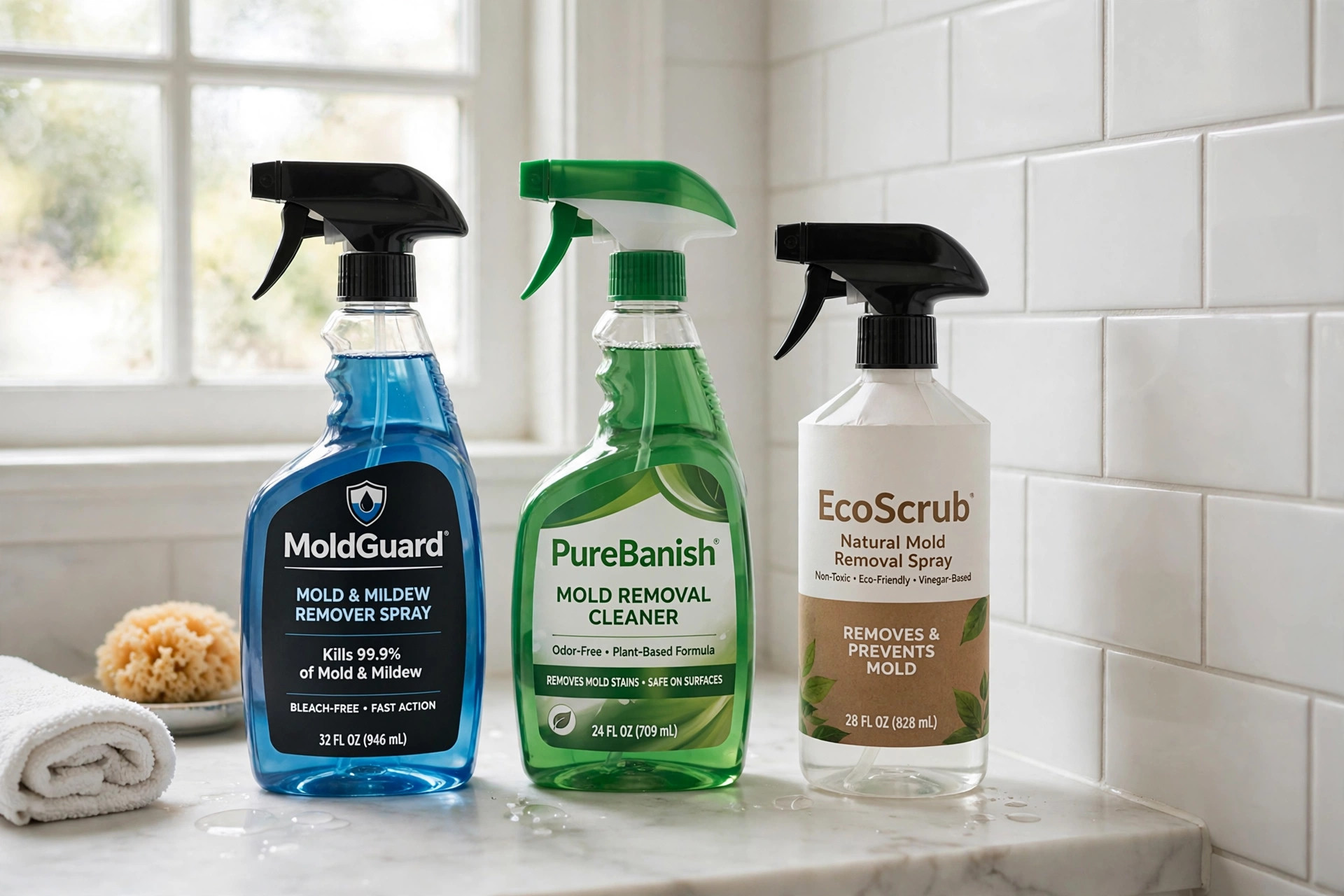 mold removal sprays reviews and buying guide: Spray bottles of mold cleaner on a bright bathroom counter