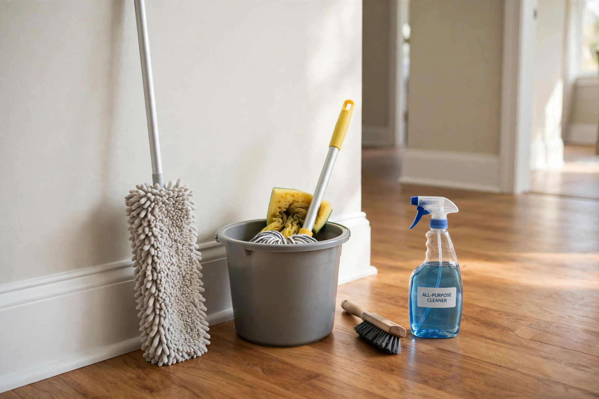 Freshly cleaned white baseboards in a bright home hallway, showing the best baseboard cleaning tools for humid climates in action