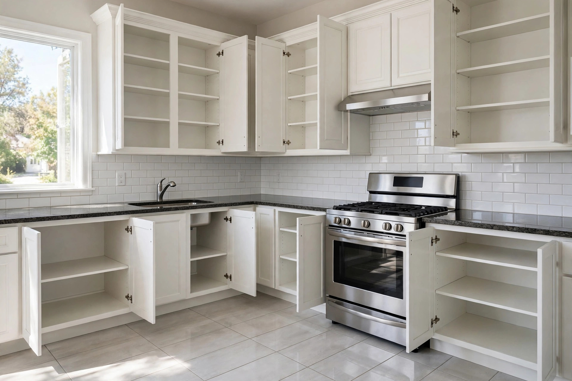 Spotless empty kitchen cleaned by powerful move out cleaning services for homeowners