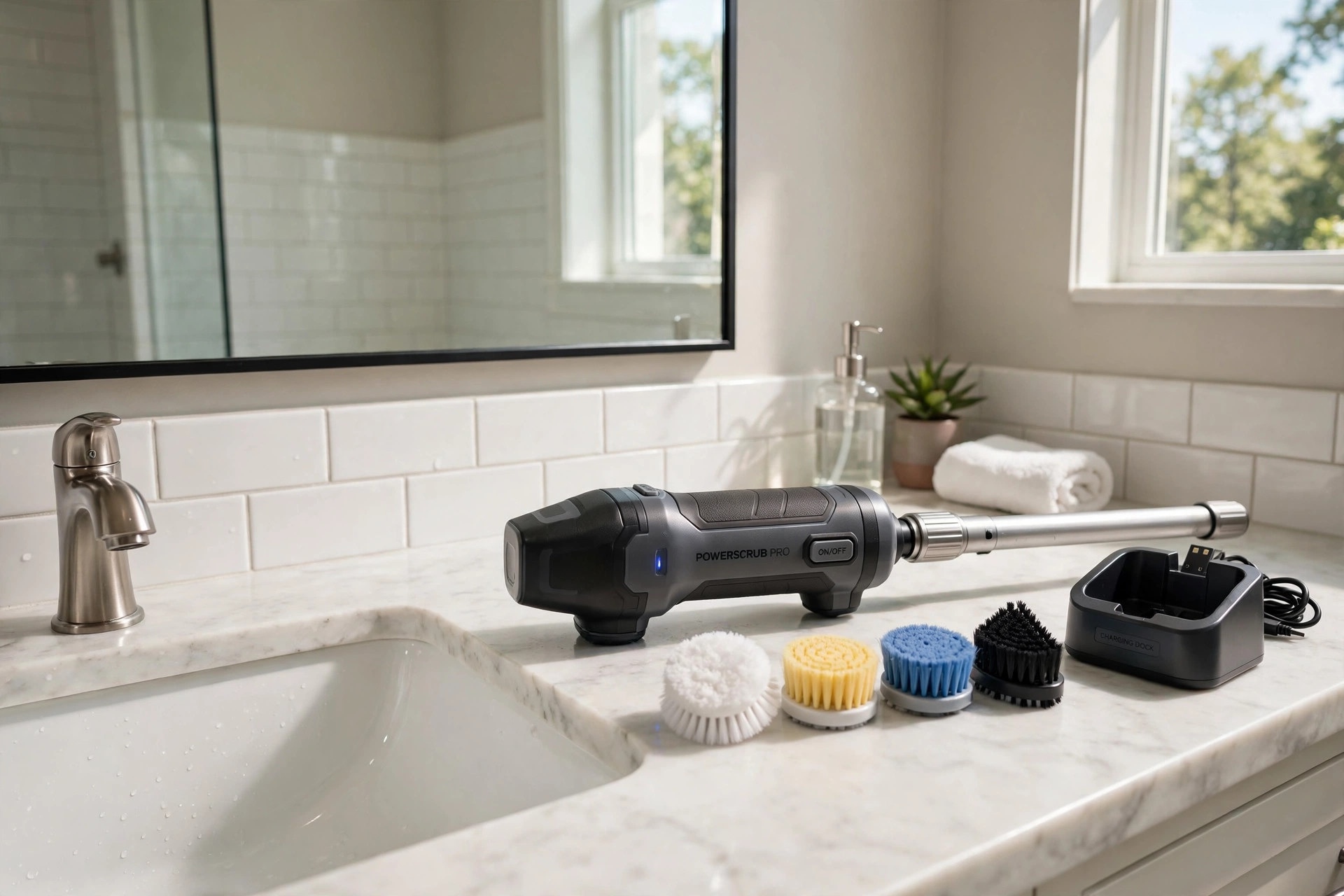 cordless electric scrubbers price comparison usa: Cordless electric scrubber set on a bathroom counter in an American home