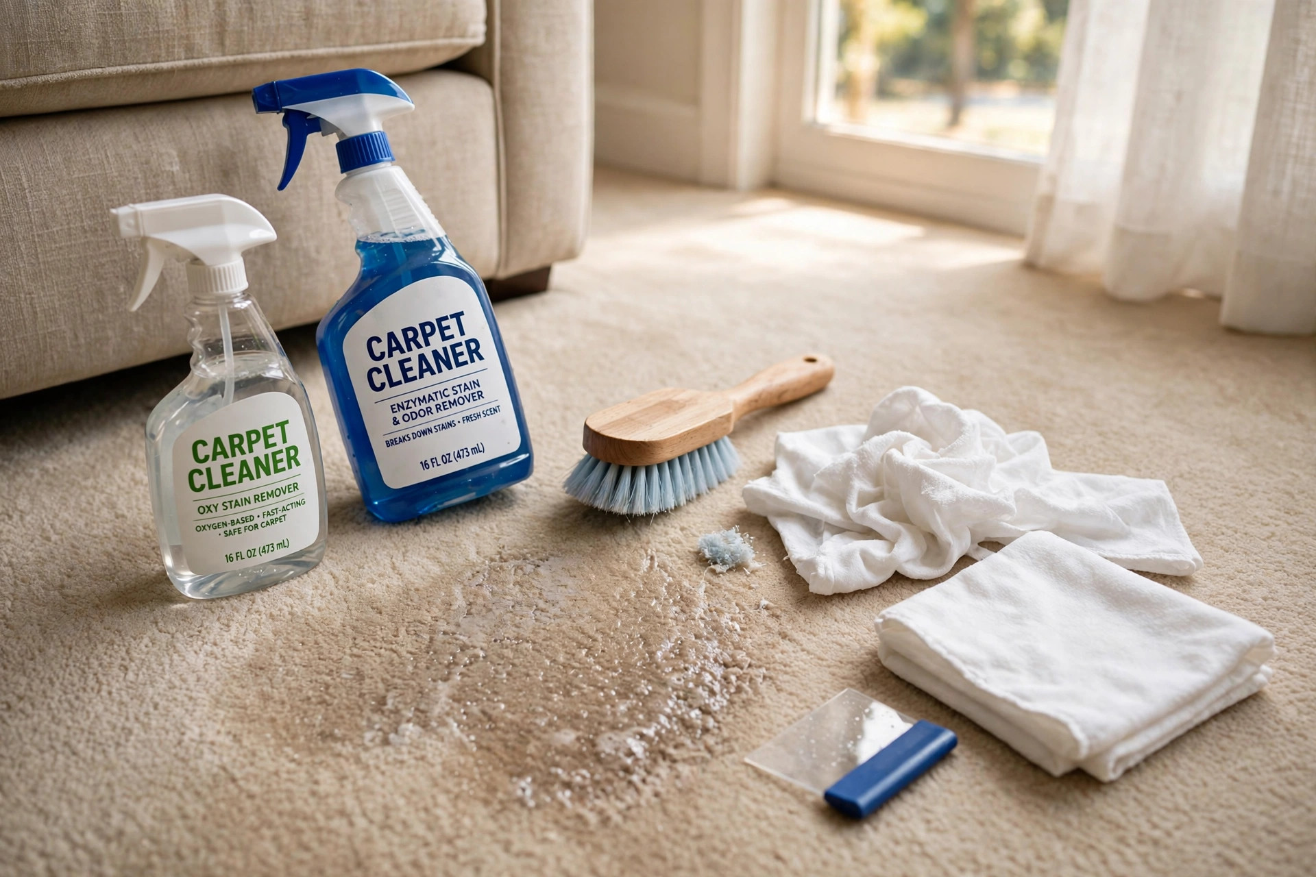 top rated carpet stain remover kits buying guide: A carpet stain remover kit with spray bottles and brush tools arranged on a carpet