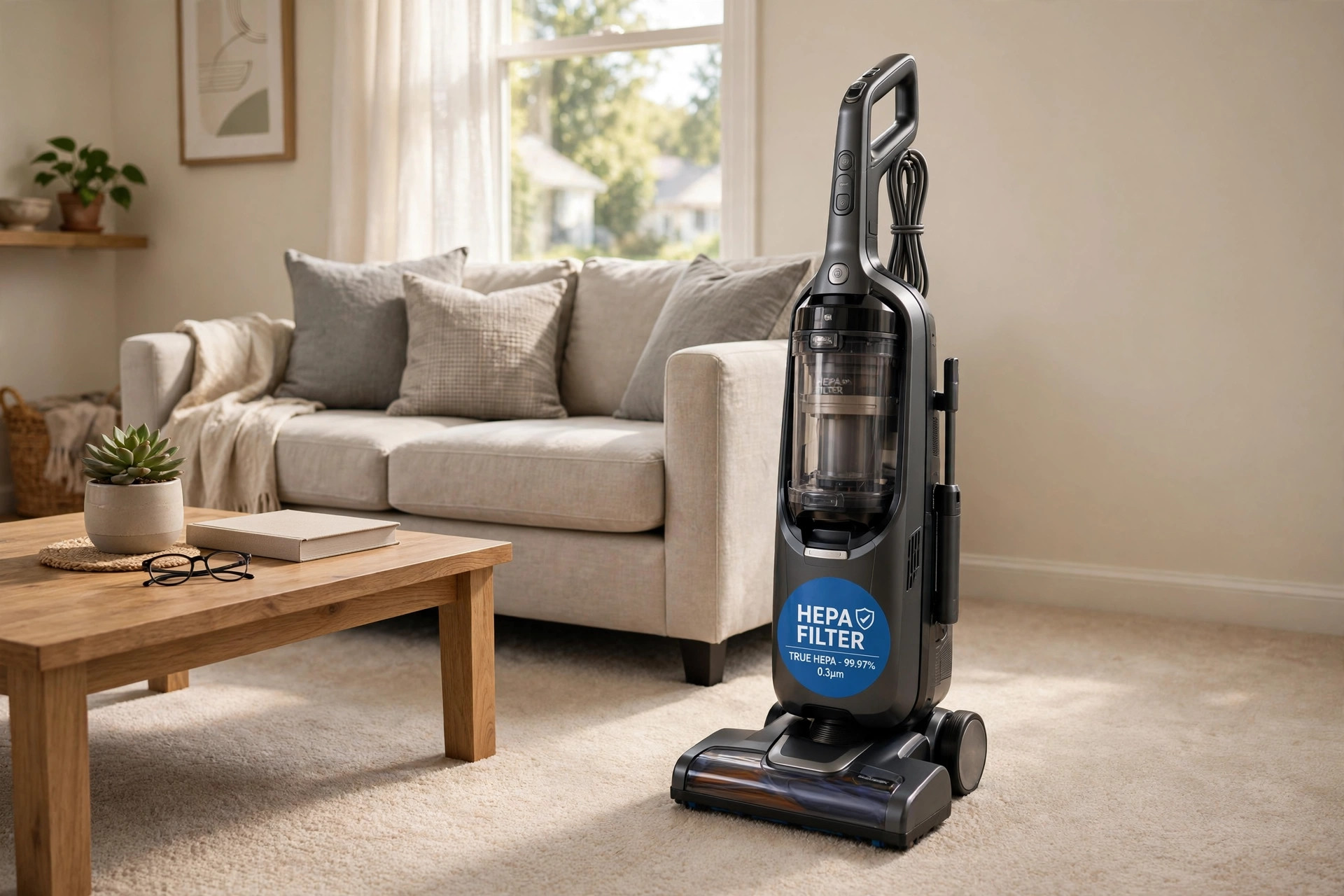 hepa vacuum cleaners price comparison usa: A HEPA vacuum cleaner cleaning a bright American living room with carpet and tile