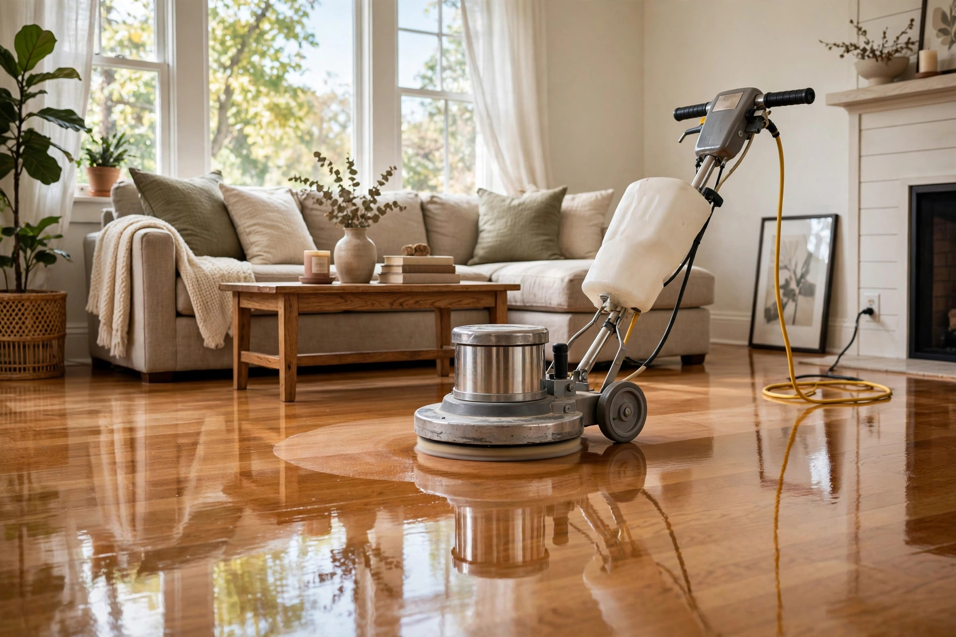 best hardwood floor buffers for american homes: Hardwood floor buffer polishing wood floors in an American home