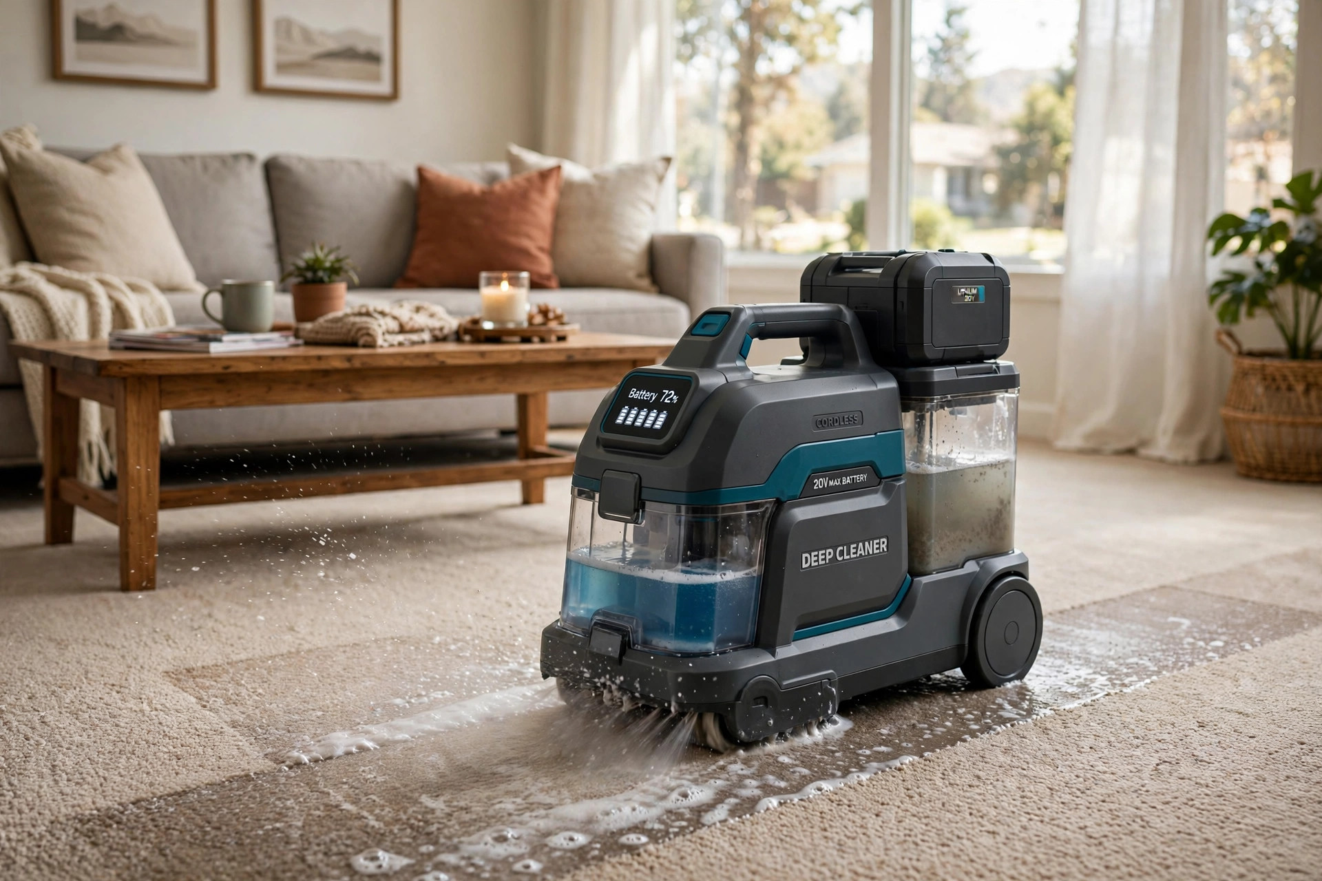 cordless carpet deep cleaning machines for sale: A cordless carpet deep cleaning machine working on a living room carpet