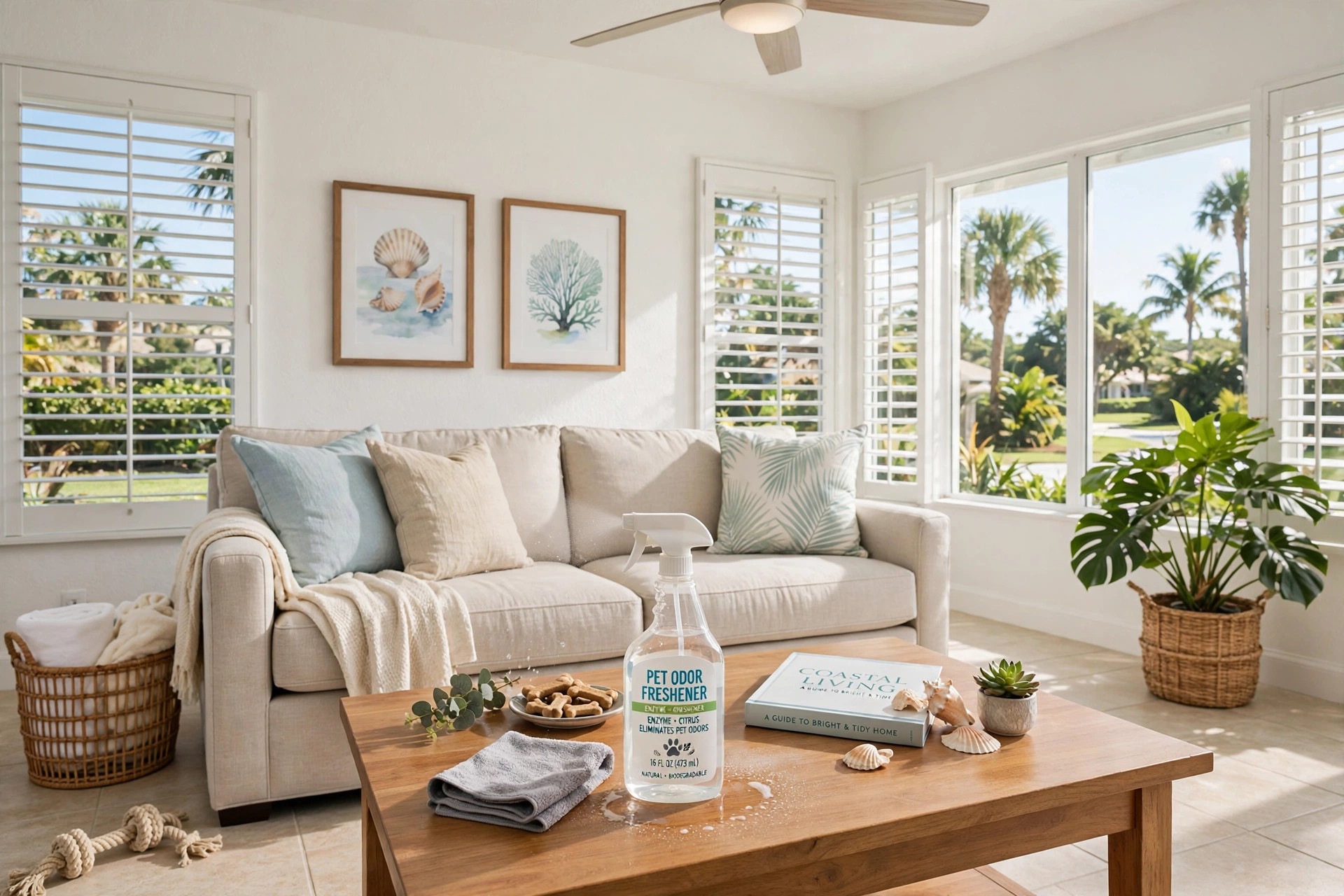 best pet odor eliminator sprays for florida homes: A clean Florida living room sprayed with a pet odor eliminator spray bottle on a table