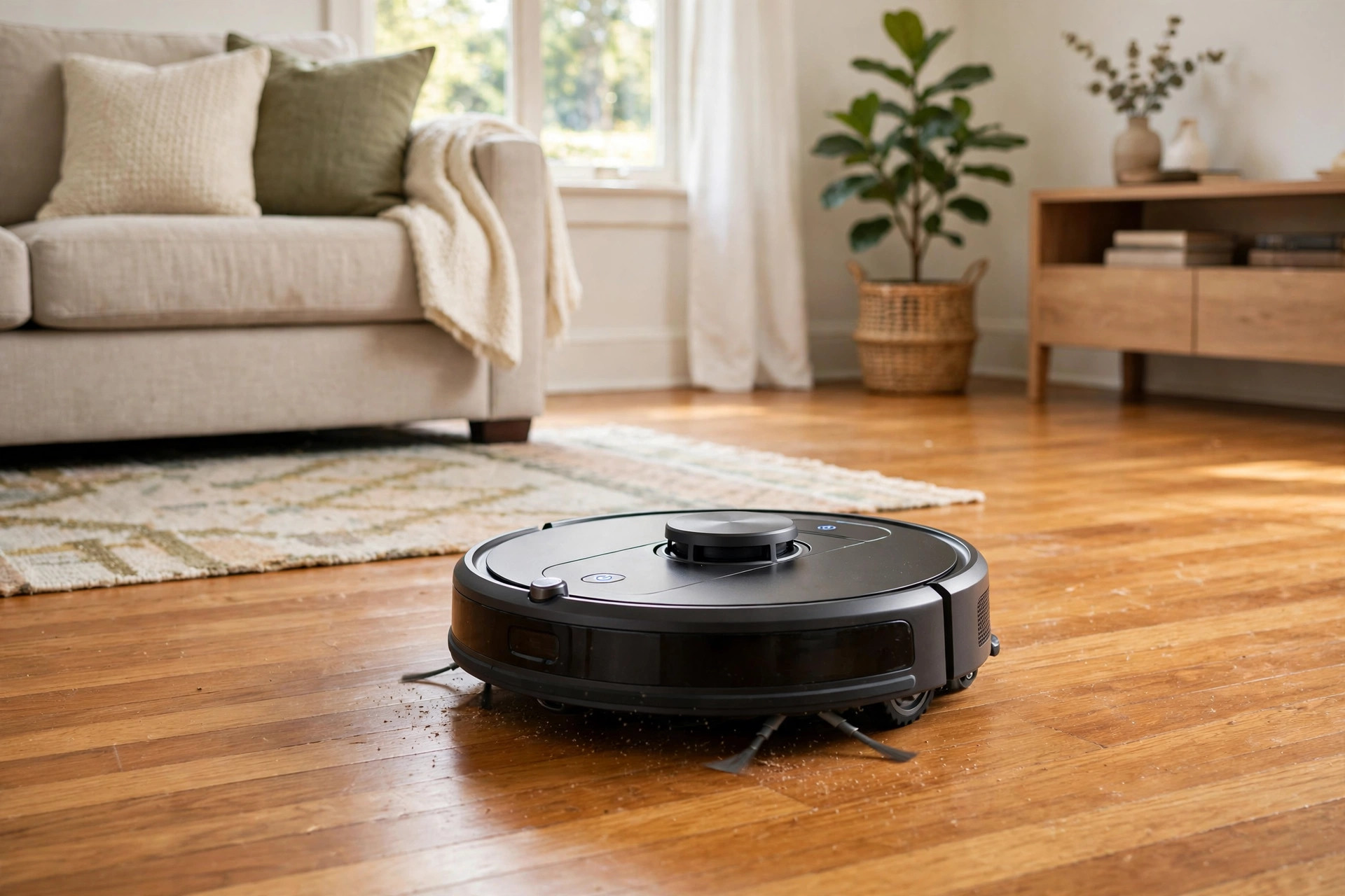 robot vacuum cleaners price comparison usa: A robot vacuum cleaner on a hardwood floor in a tidy living room