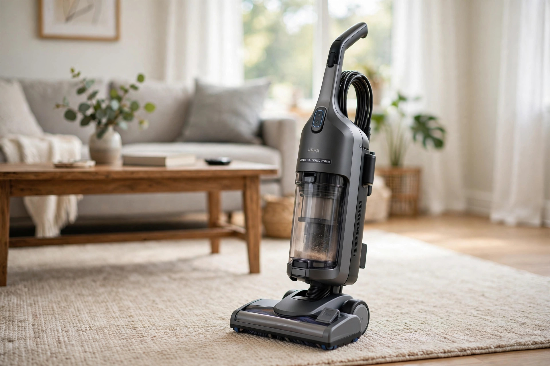 where to buy hepa vacuum cleaners in california: A HEPA vacuum cleaner standing on a rug in a bright American living room