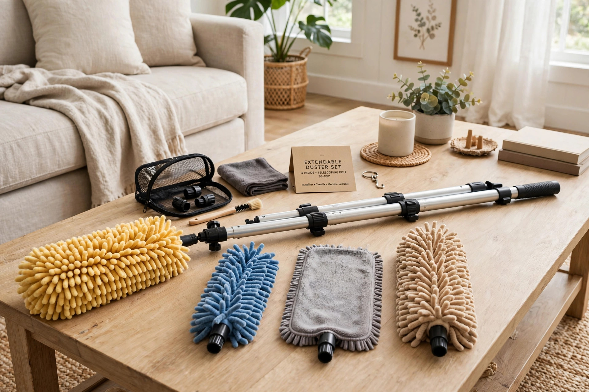 extendable duster sets reviews and buying guide: Extendable duster set shown with interchangeable microfiber heads for cleaning high ceilings and fan blades