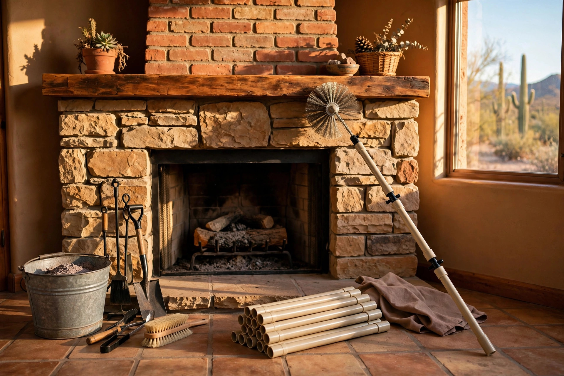 Chimney cleaning brush leaning by a stone fireplace when you buy chimney cleaning brushes online in arizona