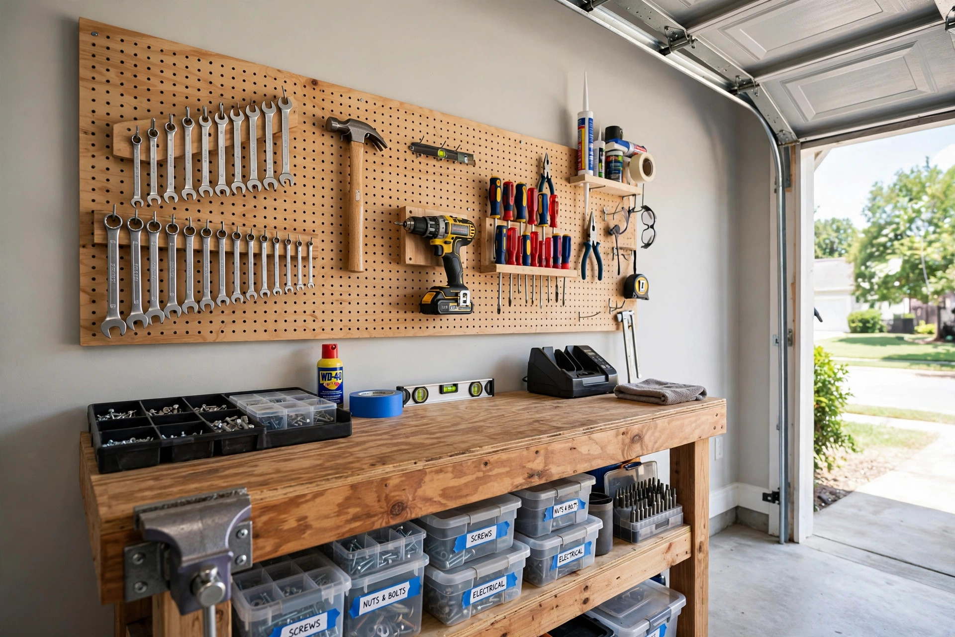 best handyman services for homeowners near me: A tidy home workbench with organized tools ready for repairs