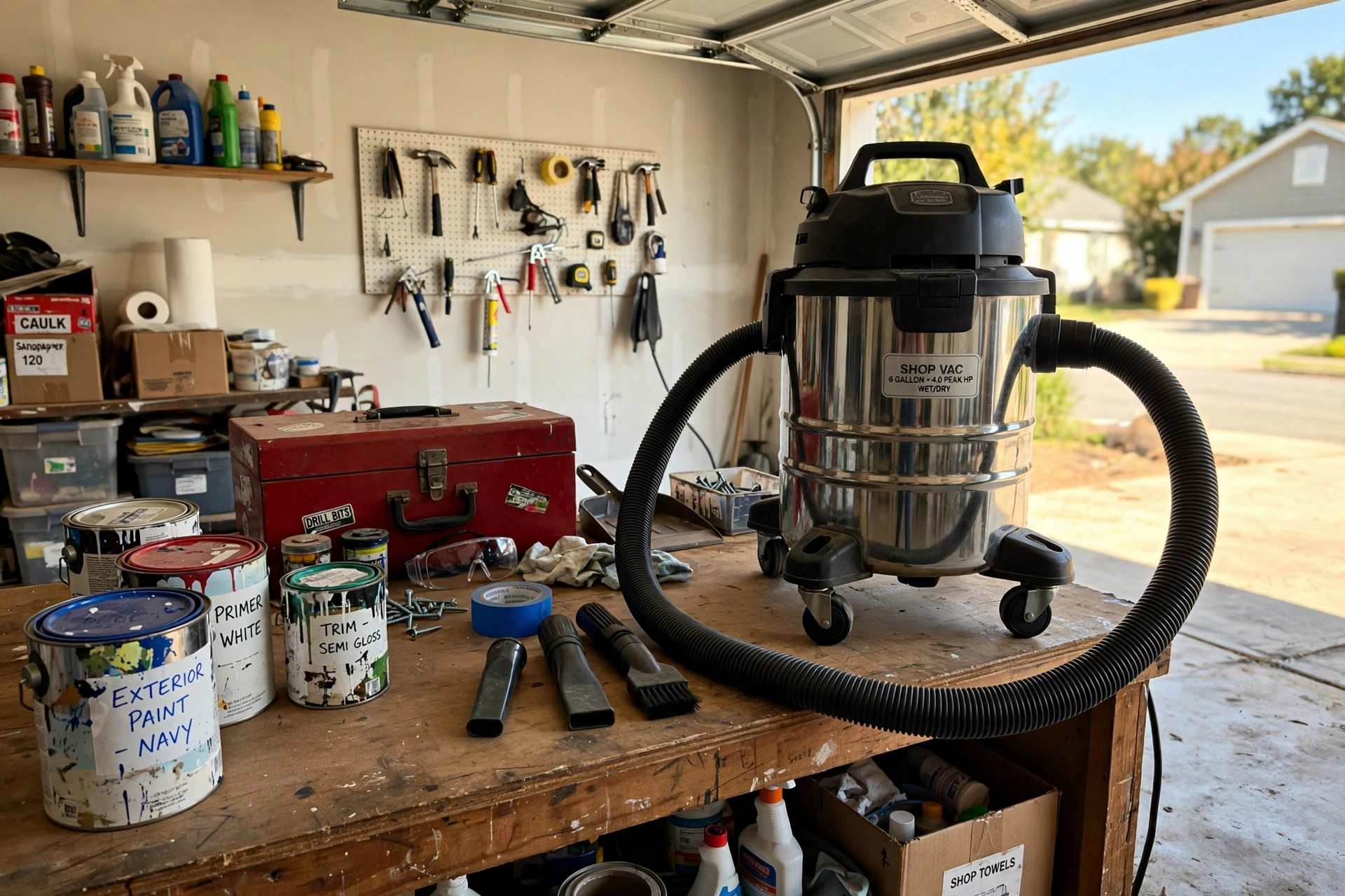 affordable wet dry shop vacuums with free shipping: Affordable wet dry shop vacuum with hose and attachments sitting on a clean garage workbench next to a stack of paint cans