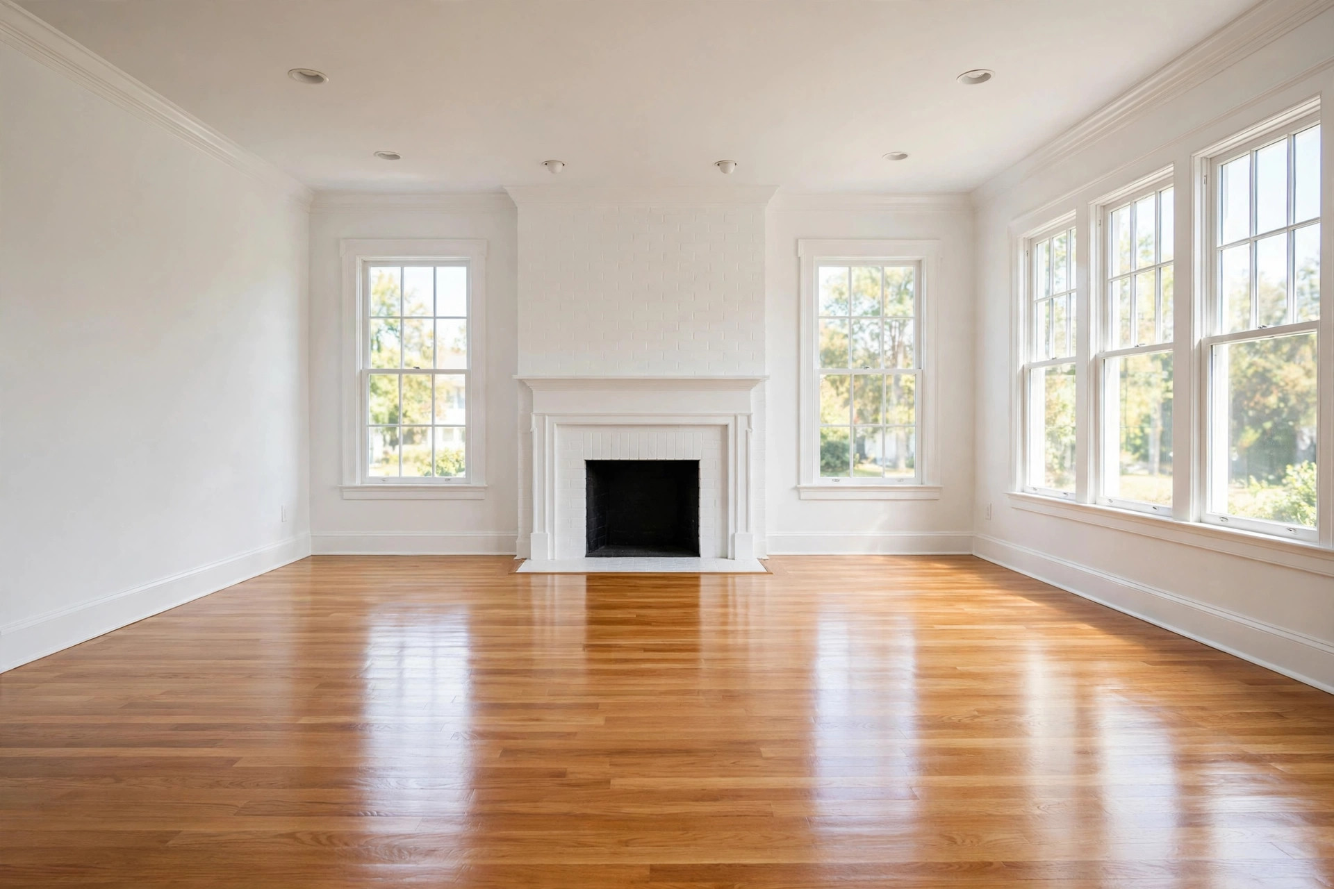 Spotless empty living room after commercial grade move out cleaning services for homeowners