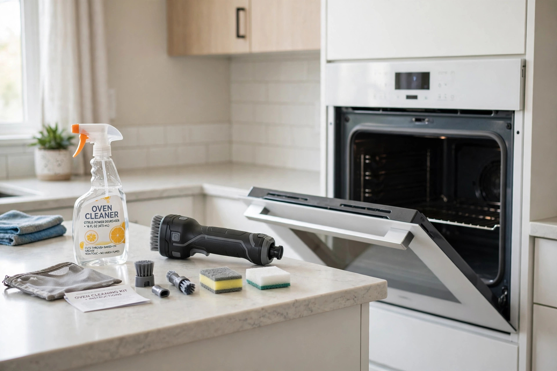 cordless oven cleaning kits for california apartments: Cordless oven cleaning kit arranged beside a clean home oven in a California apartment kitchen