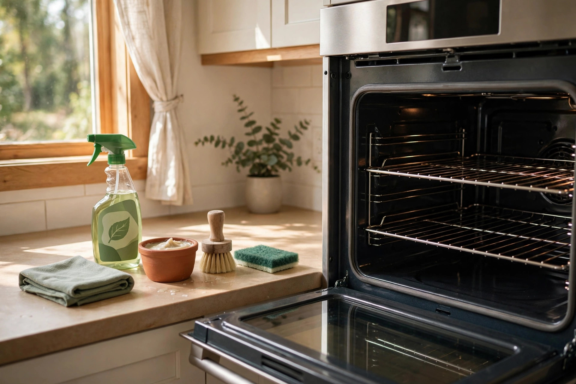 Eco friendly oven cleaning kits with free shipping arranged in a clean kitchen