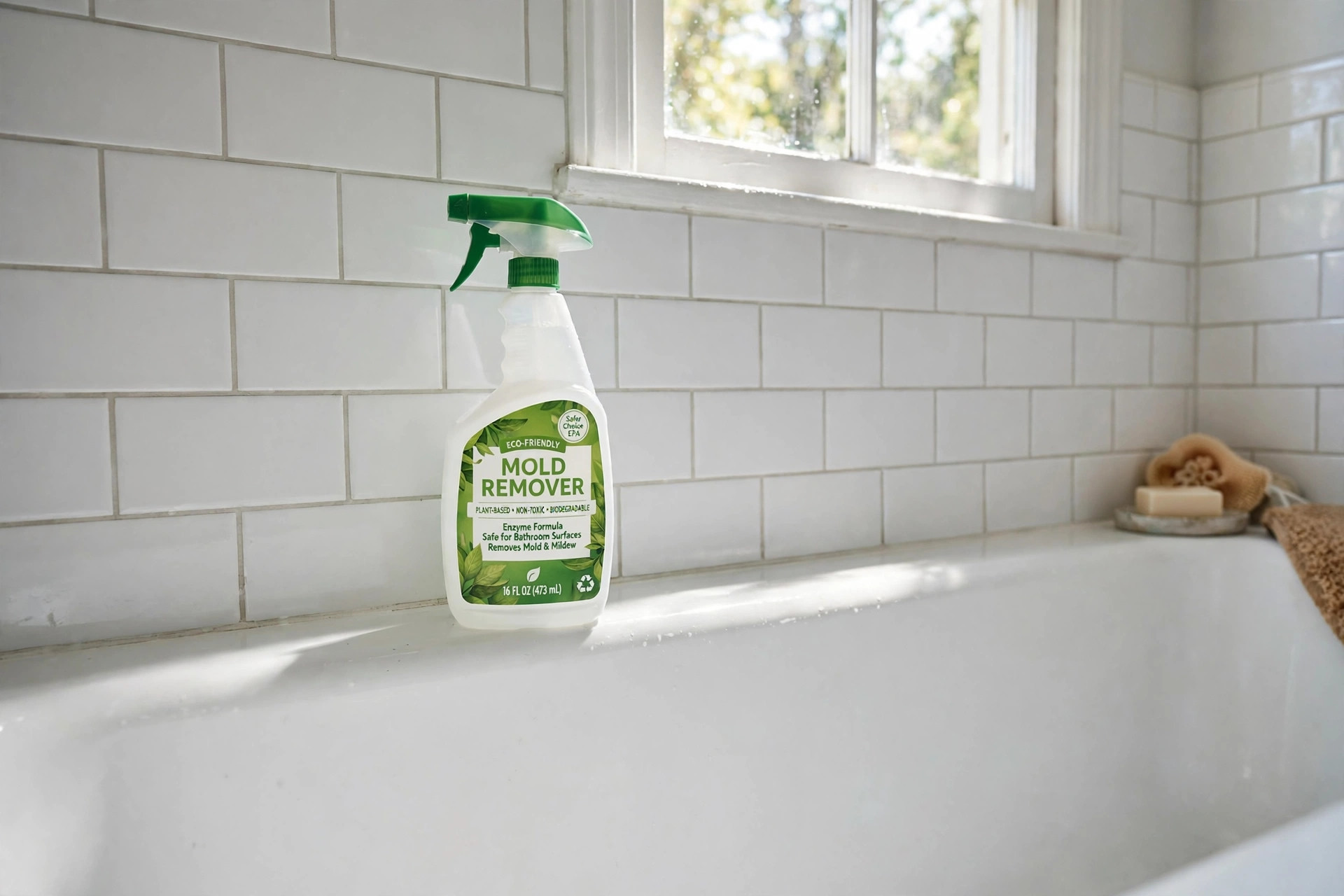 eco friendly mold removal sprays with free shipping: Eco friendly mold removal spray bottle on a bathroom tile wall