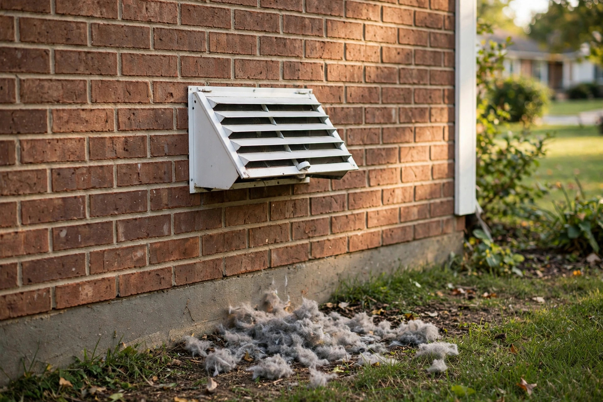 top rated dryer vent cleaning services reviews: A technician pulling lint from an exterior dryer vent hood on a tidy American house