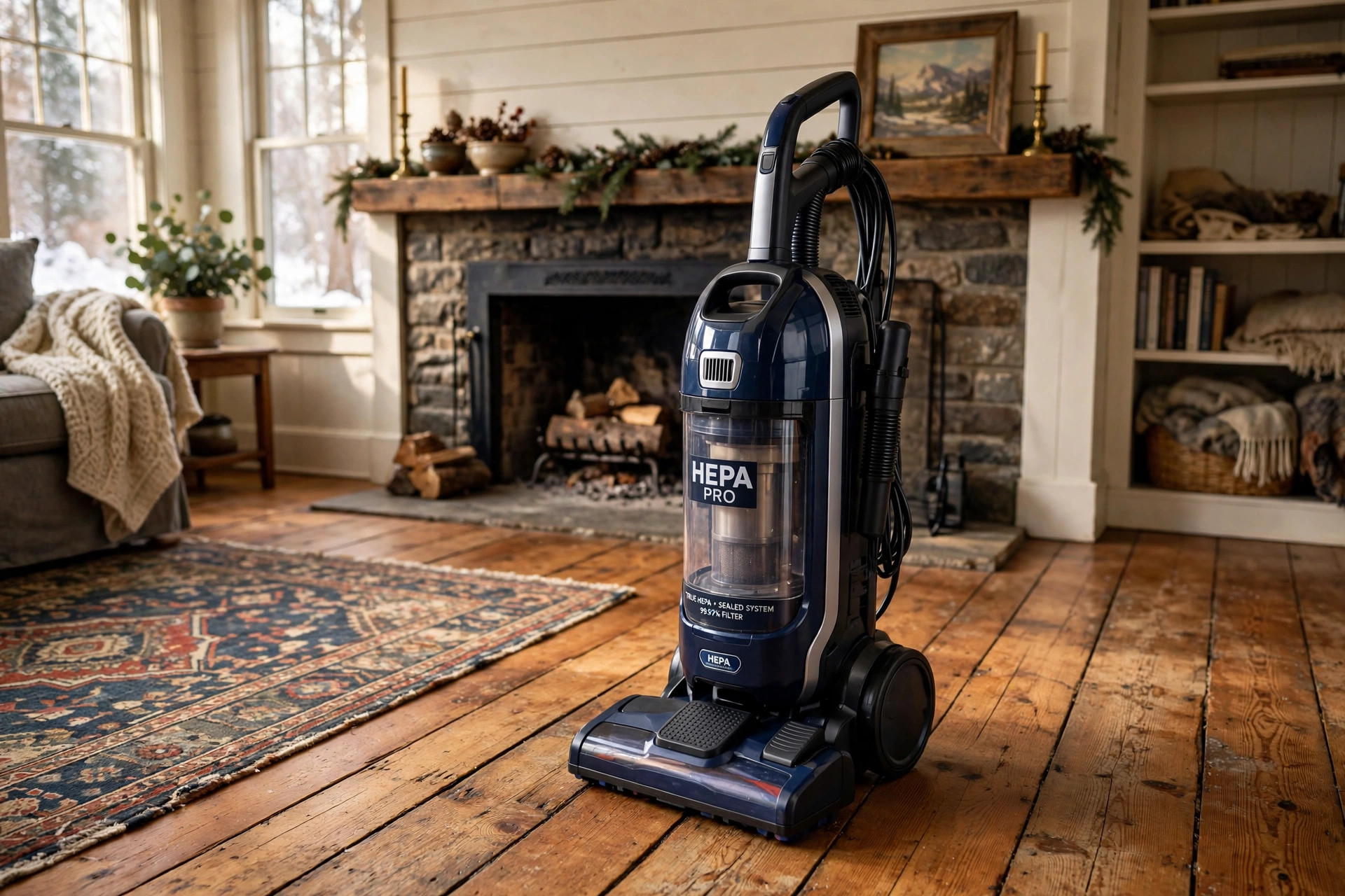 powerful hepa vacuum cleaners for new england homes: A HEPA vacuum cleaner in a cozy New England living room
