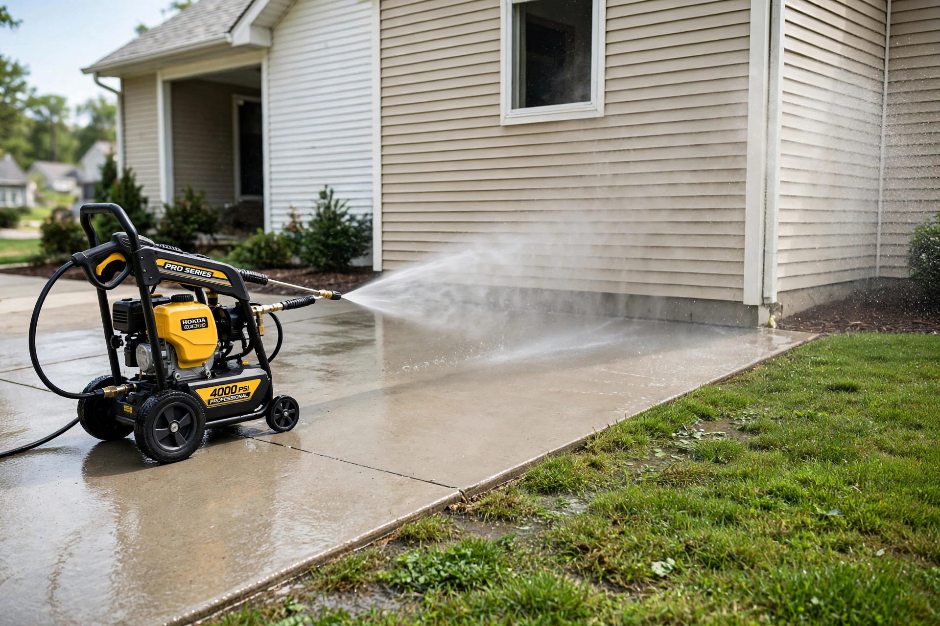 A technician pressure washing a home driveway and siding, professional grade pressure washing service companies near me