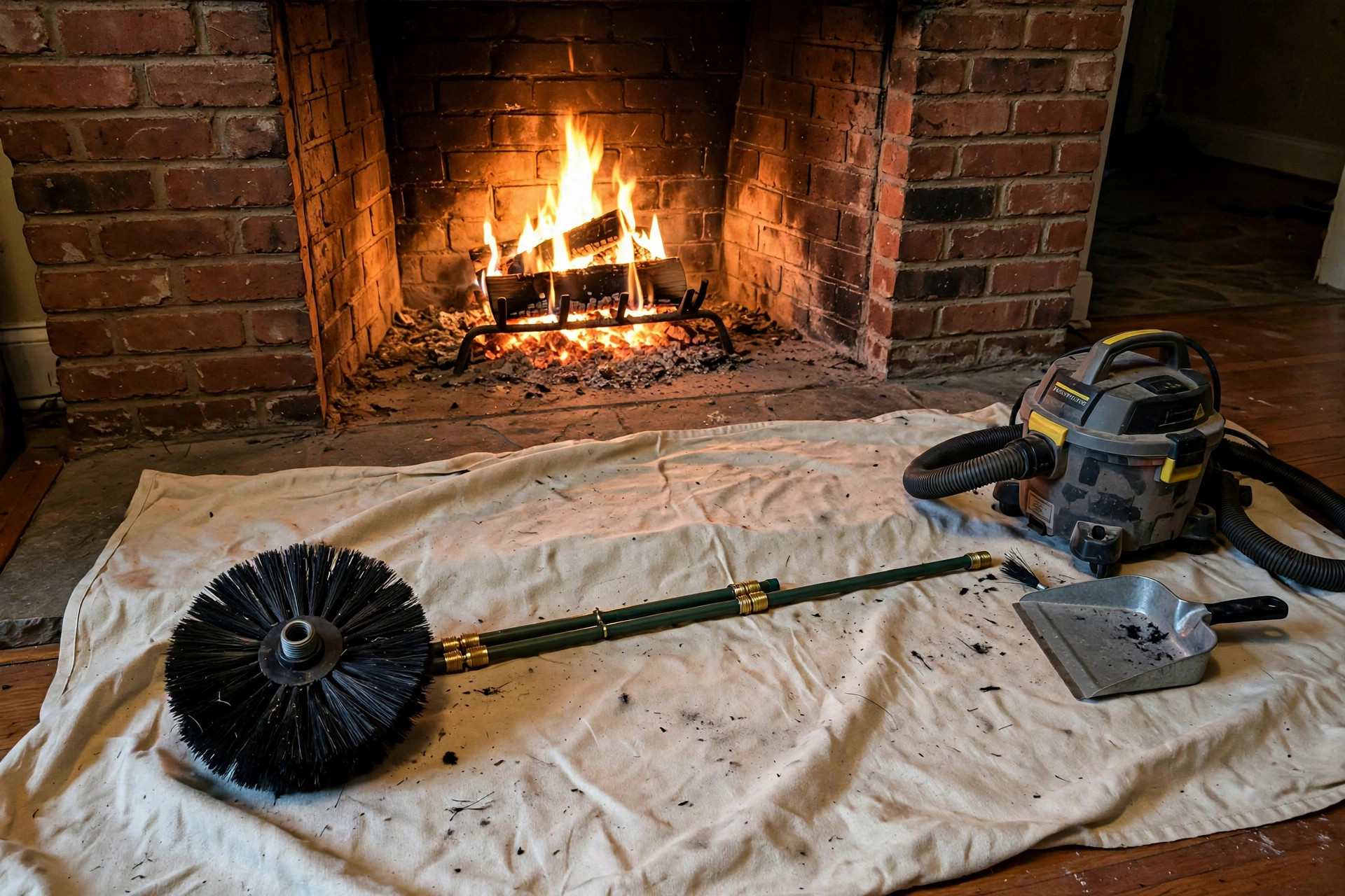 top rated chimney cleaning brushes for midwest homes: Chimney cleaning brush set with rods laid out beside a brick fireplace in a Midwest home
