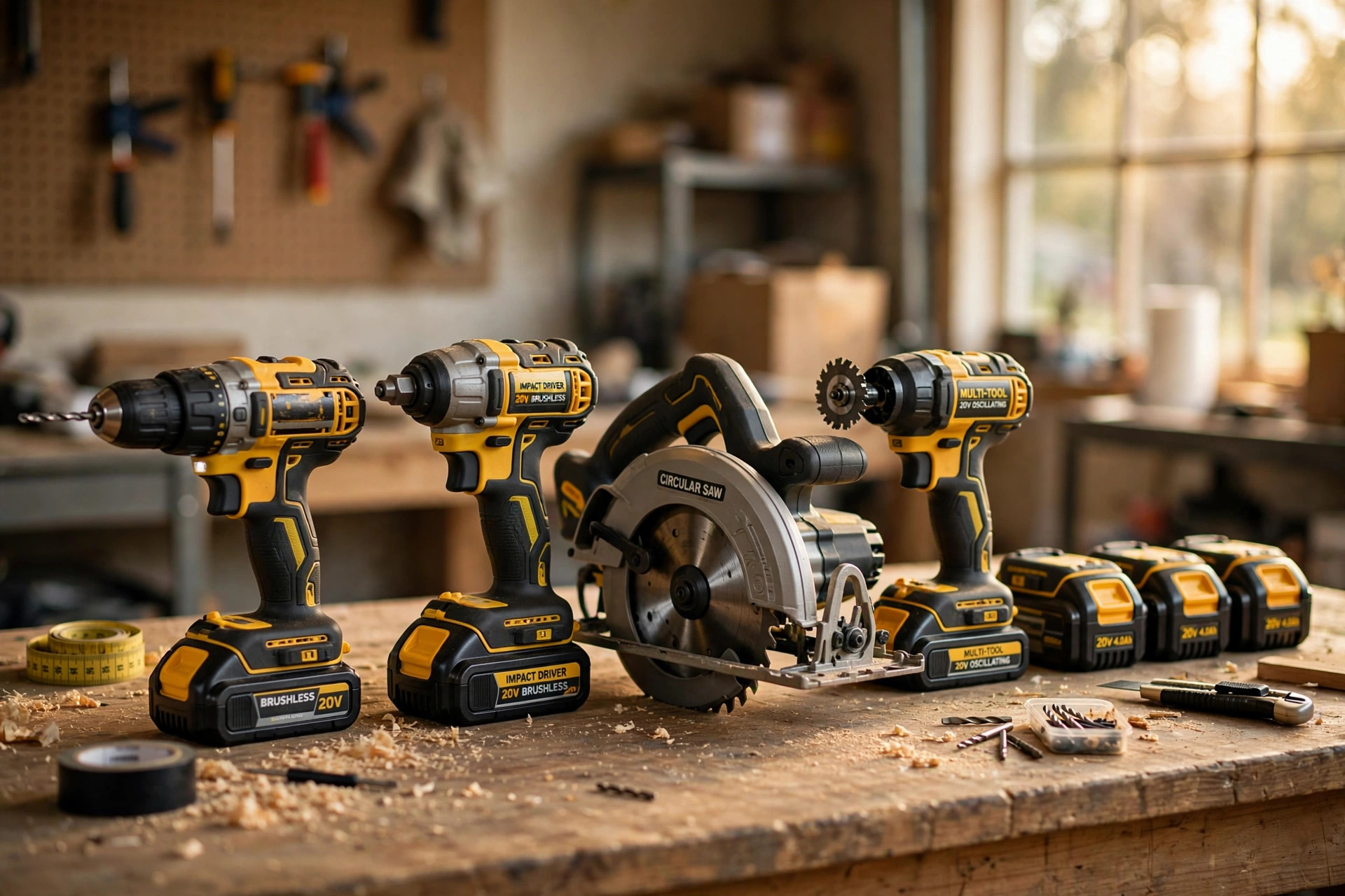 cordless handyman services for homeowners near me: Cordless handyman tools in a home garage workshop