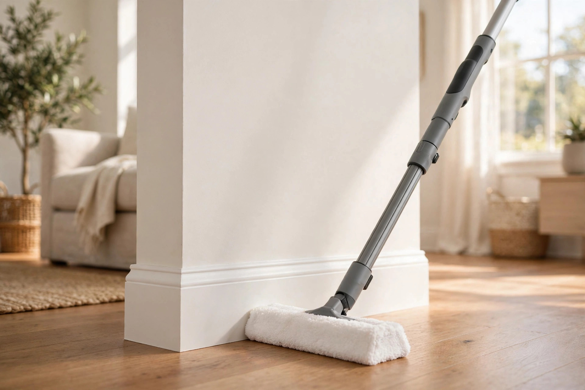 powerful baseboard cleaning tools buying guide: A powerful baseboard cleaning tool wiping dust from white trim in a bright American living room